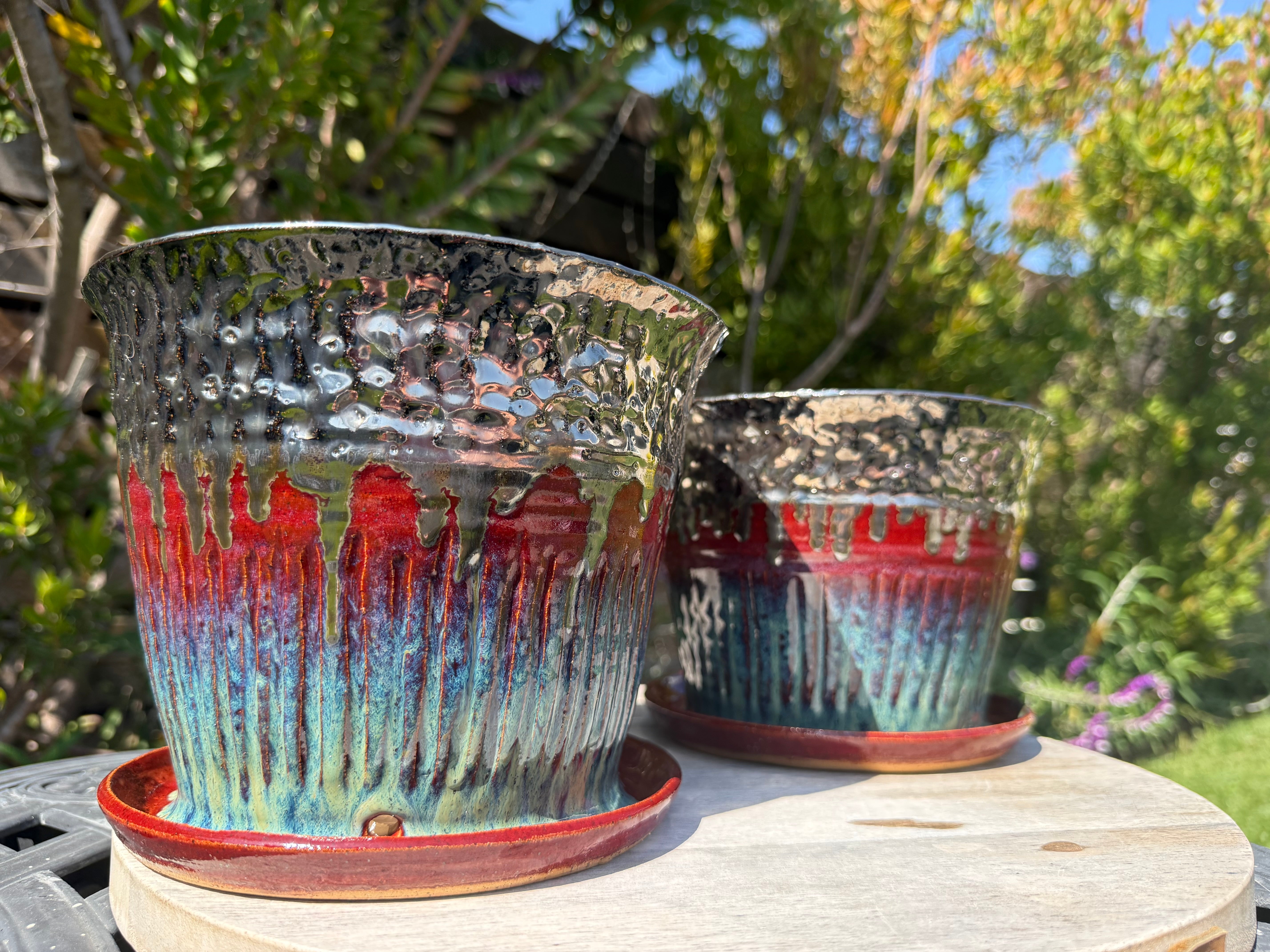 plant pots with built in drainage Planter Pots with Built-in Saucers & Drainage Holes, Glazed Ceramic — Handmade Wheel-thrown Stoneware Pottery *MADE TO ORDER*
