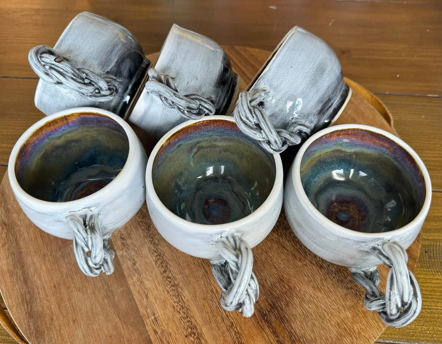 Hand-Braided Handled Mugs, Set Available, Grey Ombré & Radiant Earth Glazed Ceramic