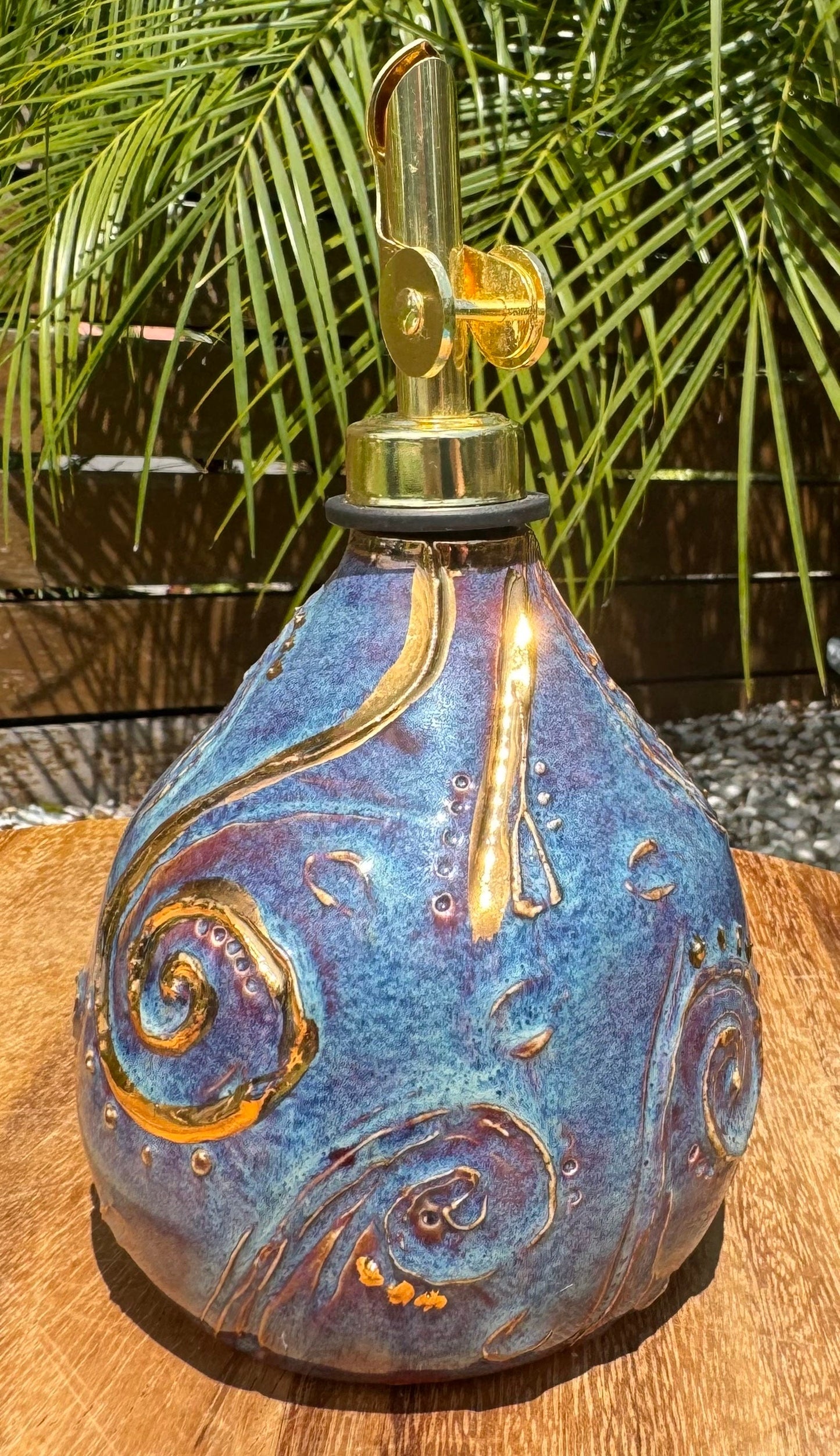 Olive Oil Vinegar Bottle Cruet, Hand-Carved Swirl “Tefiti” Design