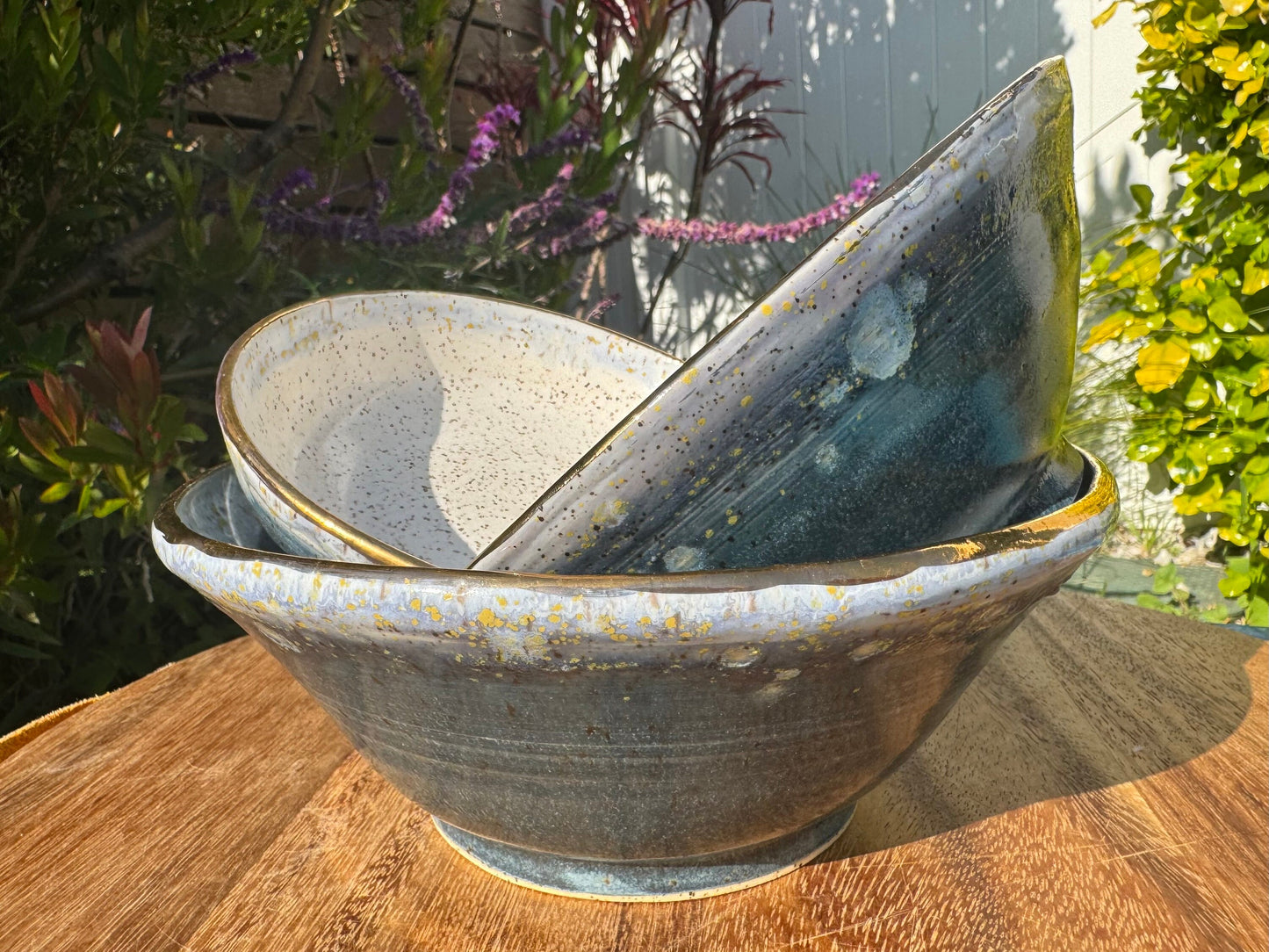 Blue Hydrangea Medium Serving Bowl, White Speckle Ceramic Dinnerware, Glazed — Handmade Wheel-thrown Stoneware Pottery