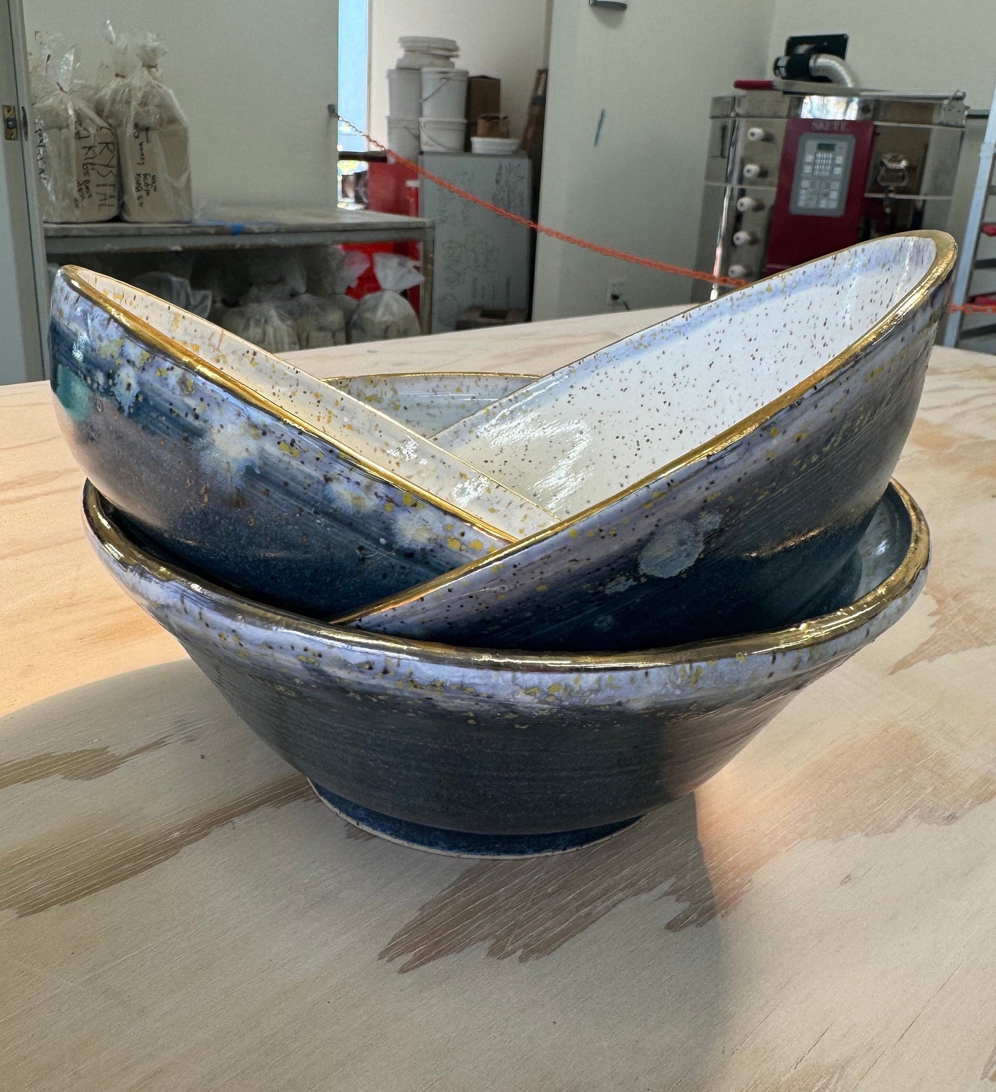 Blue Hydrangea Medium Serving Bowl, White Speckle Ceramic Dinnerware, Glazed — Handmade Wheel-thrown Stoneware Pottery