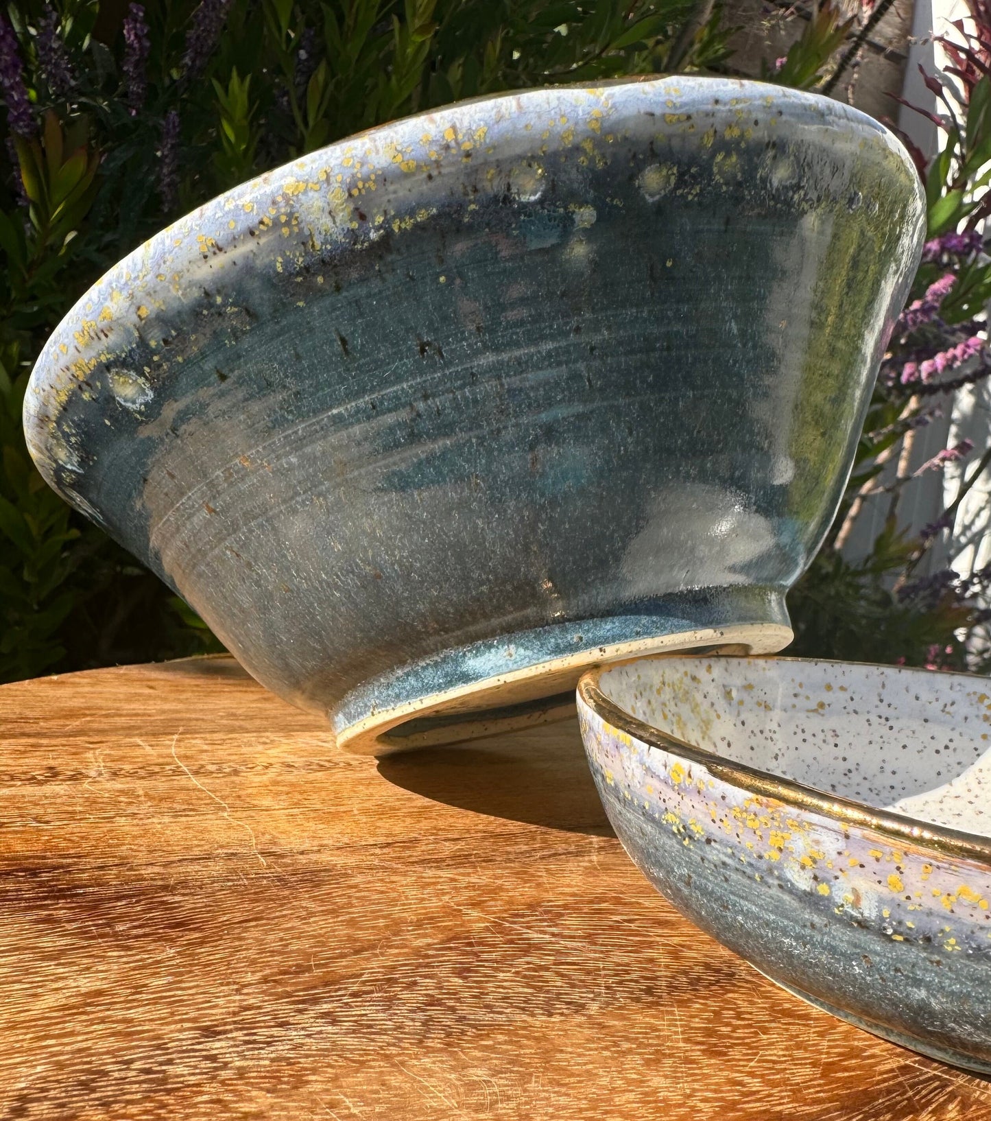 Blue Hydrangea Medium Serving Bowl, White Speckle Ceramic Dinnerware, Glazed — Handmade Wheel-thrown Stoneware Pottery