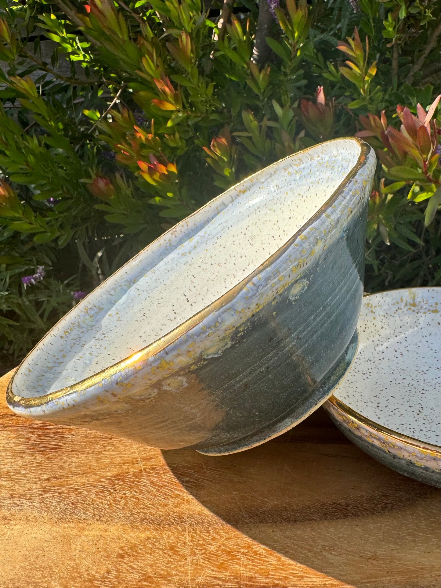 Blue Hydrangea Medium Serving Bowl, White Speckle Ceramic Dinnerware, Glazed — Handmade Wheel-thrown Stoneware Pottery