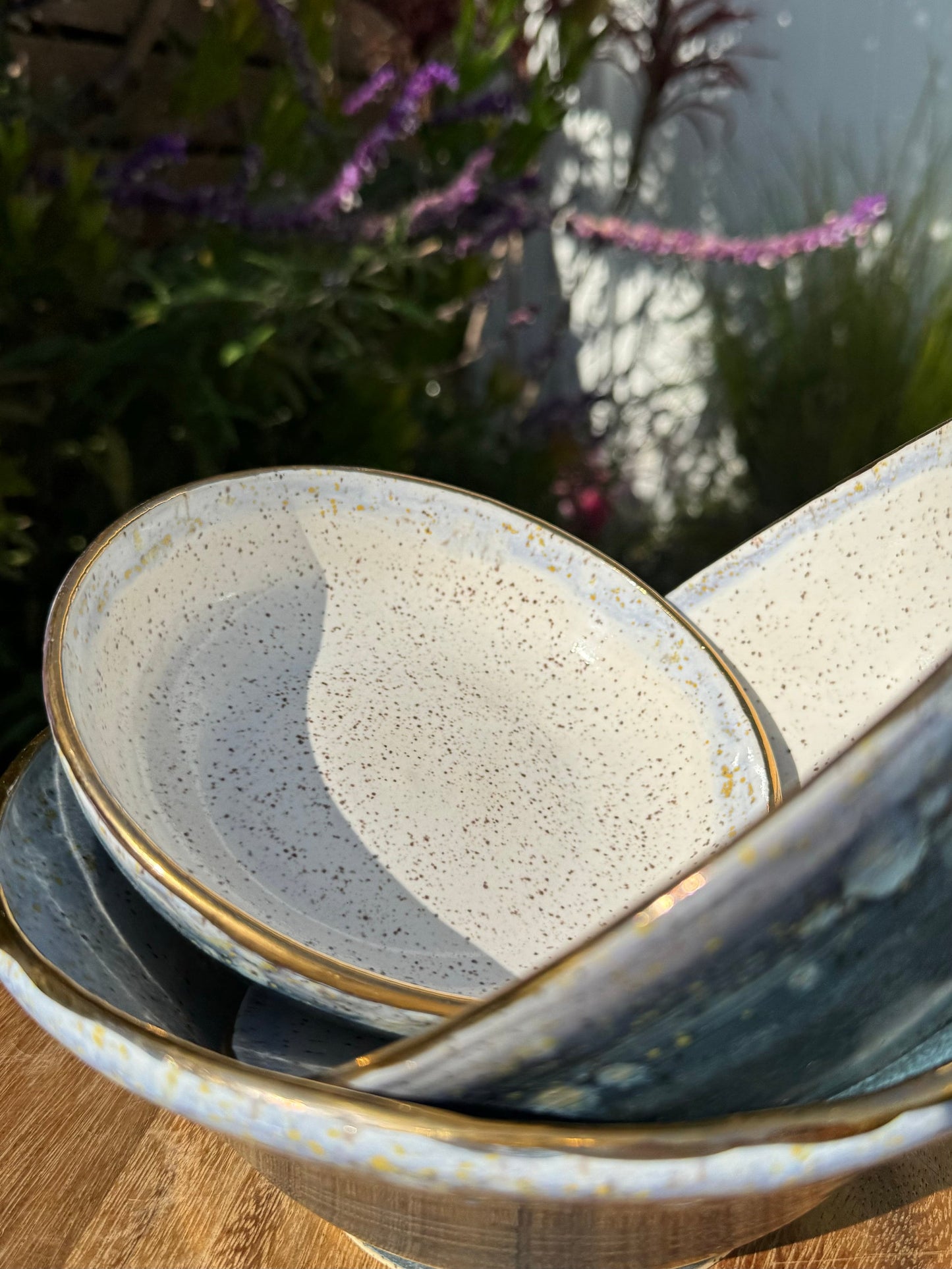 Blue Hydrangea Medium Serving Bowl, White Speckle Ceramic Dinnerware, Glazed — Handmade Wheel-thrown Stoneware Pottery