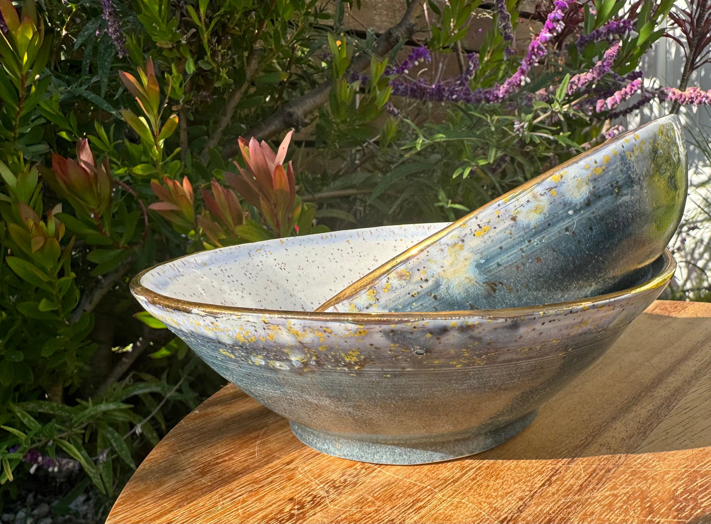 Blue Hydrangea Medium Serving Bowl, White Speckle Ceramic Dinnerware, Glazed — Handmade Wheel-thrown Stoneware Pottery