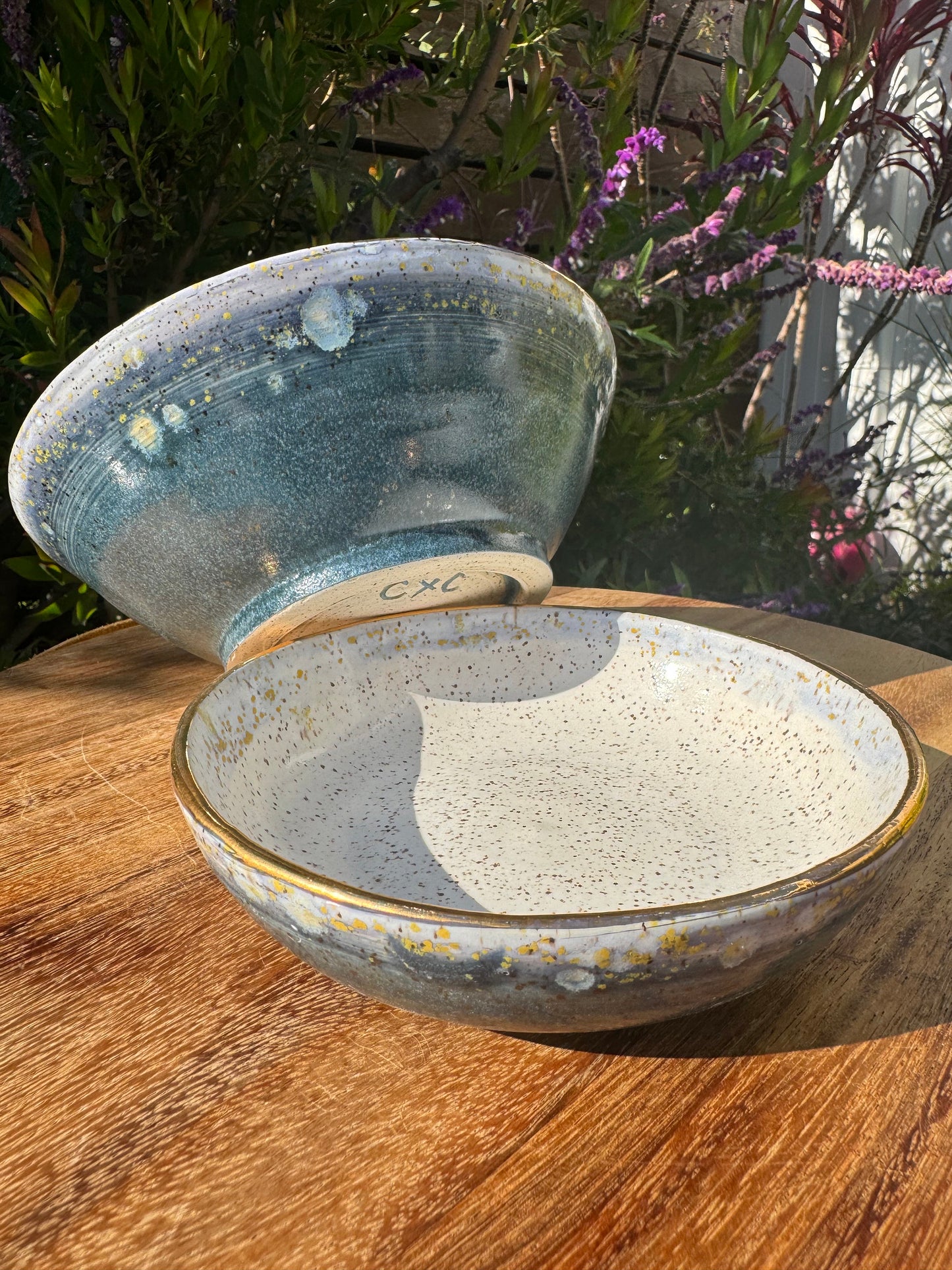Blue Hydrangea Medium Serving Bowl, White Speckle Ceramic Dinnerware, Glazed — Handmade Wheel-thrown Stoneware Pottery
