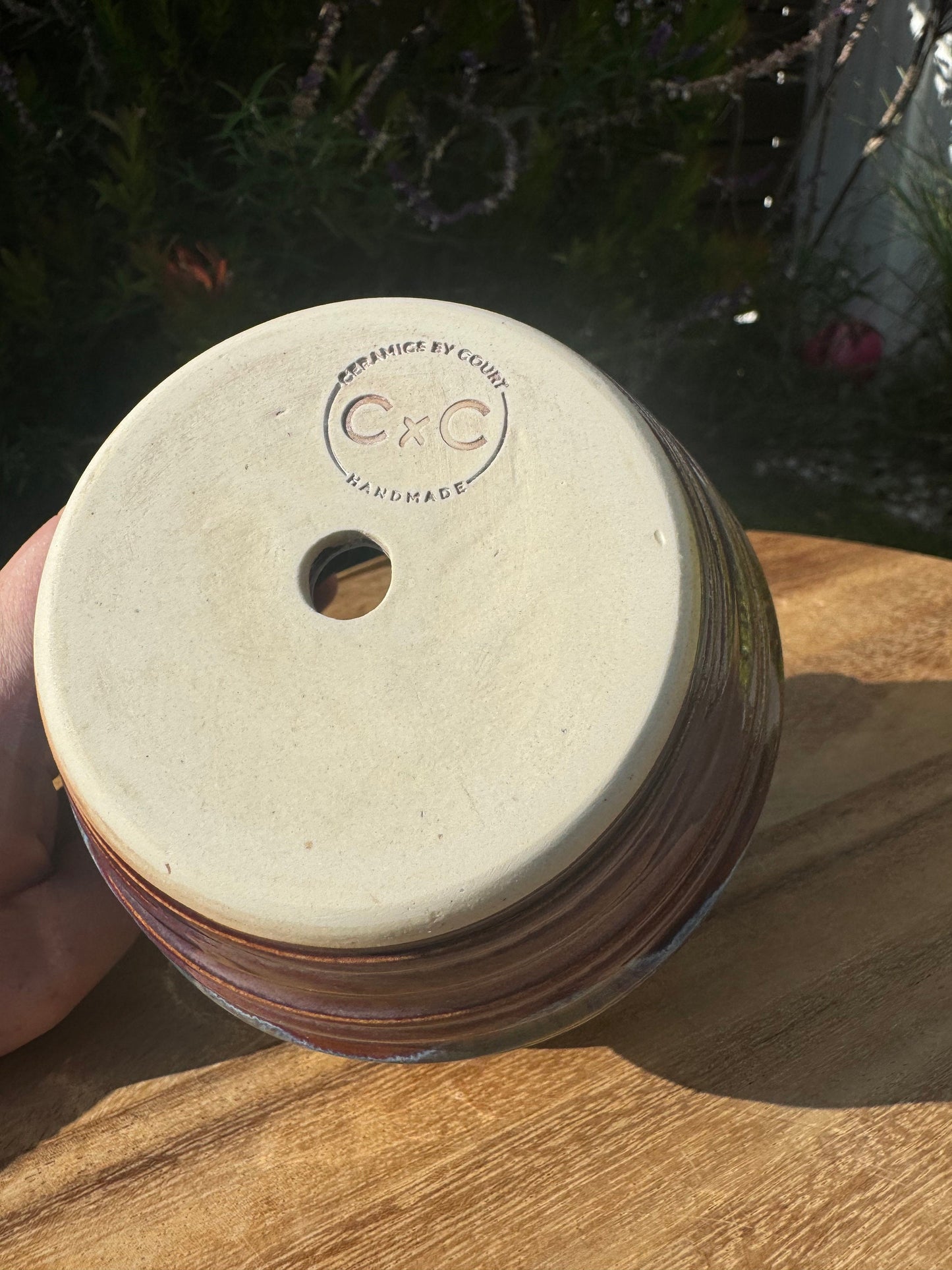 Vase Planter Pot with Drainage Hole & Coaster, Mirrored Plum Cascade, Purple Blue Glazed Ceramics — Handmade Wheel-thrown Stoneware Pottery