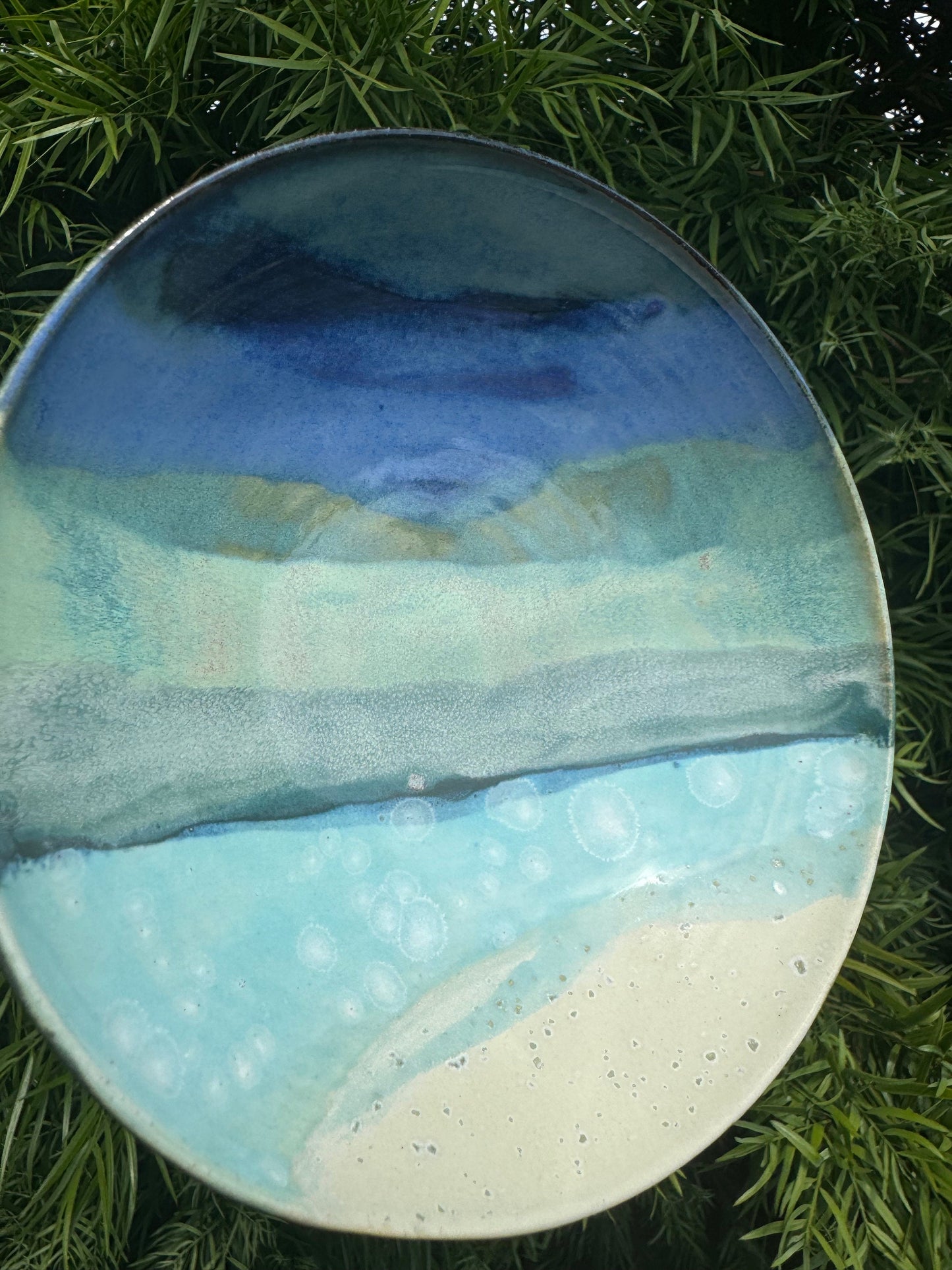 Hand-painted Beach Wide Nesting Bowl Set of 2, White Sand Wave, Beach-themed ombré glazes