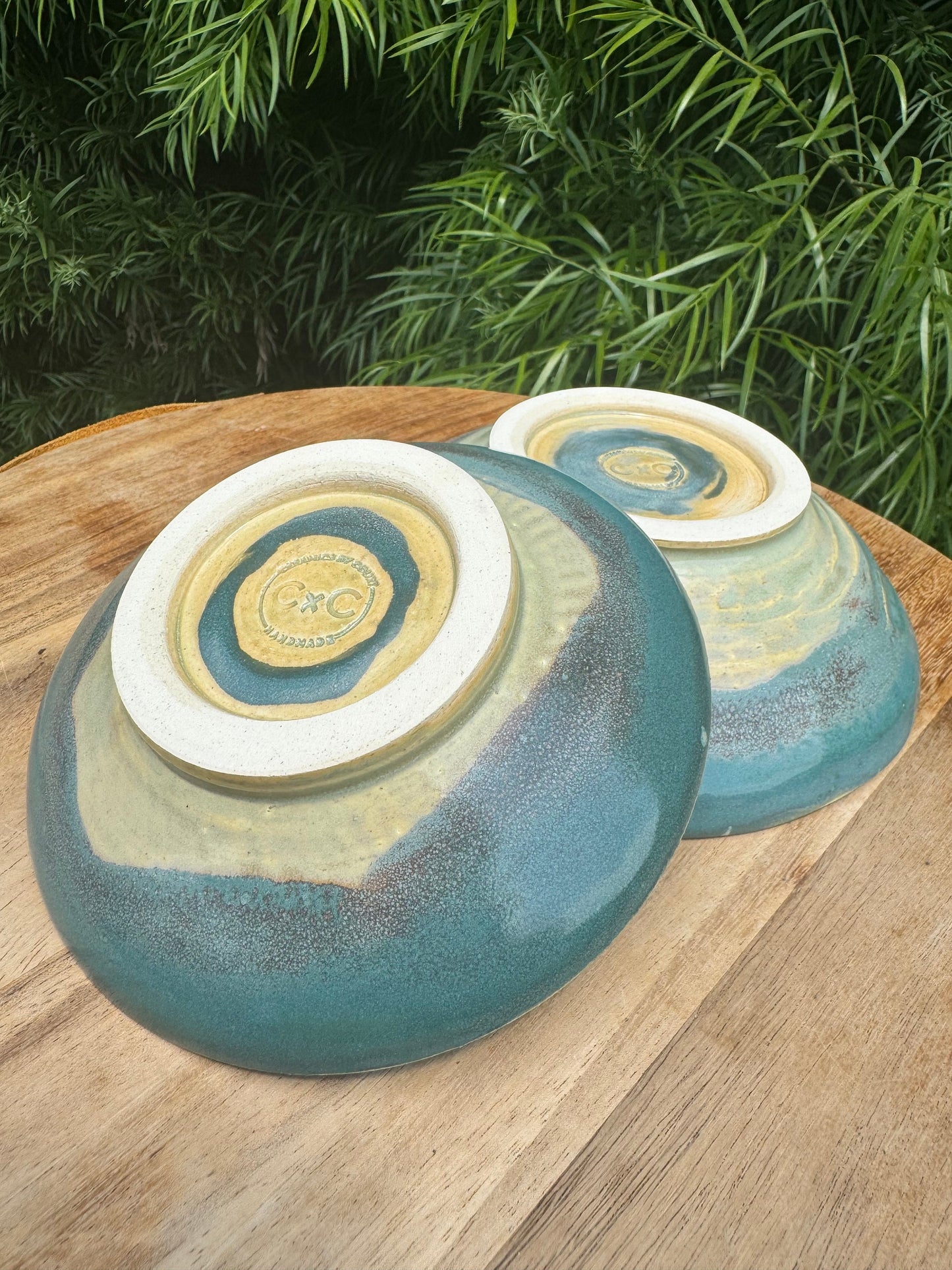 Hand-painted Beach Wide Nesting Bowl Set of 2, White Sand Wave, Beach-themed ombré glazes