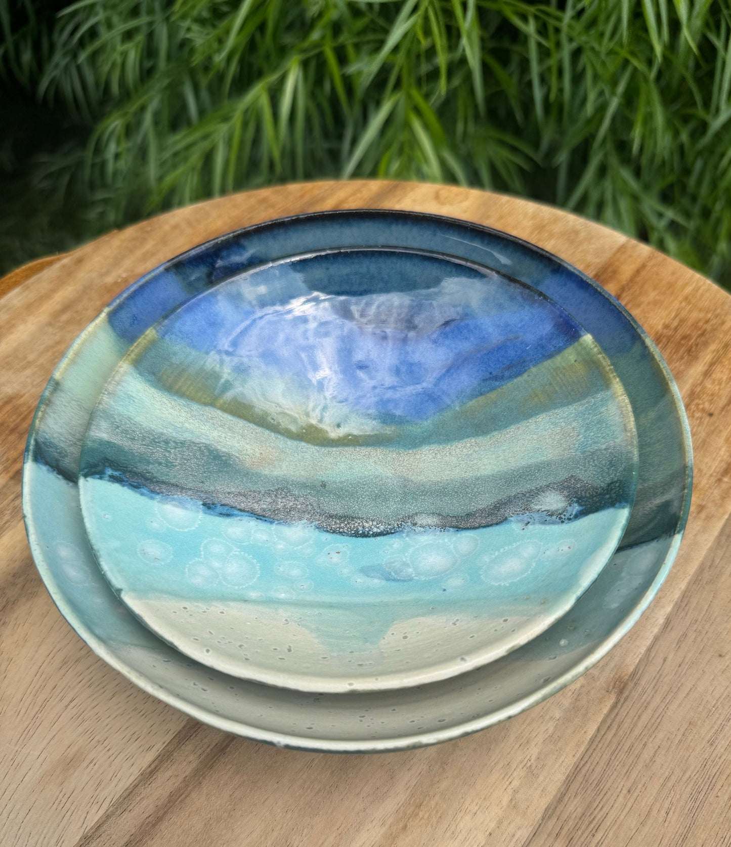 Hand-painted Beach Wide Nesting Bowl Set of 2, White Sand Wave, Beach-themed ombré glazes