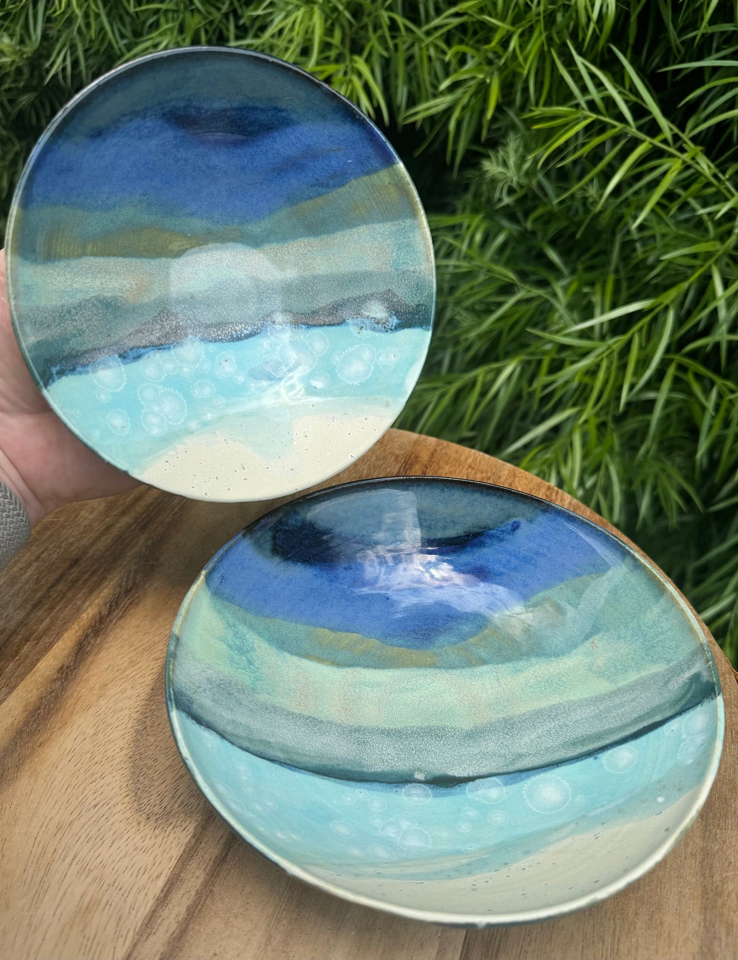 Hand-painted Beach Wide Nesting Bowl Set of 2, White Sand Wave, Beach-themed ombré glazes