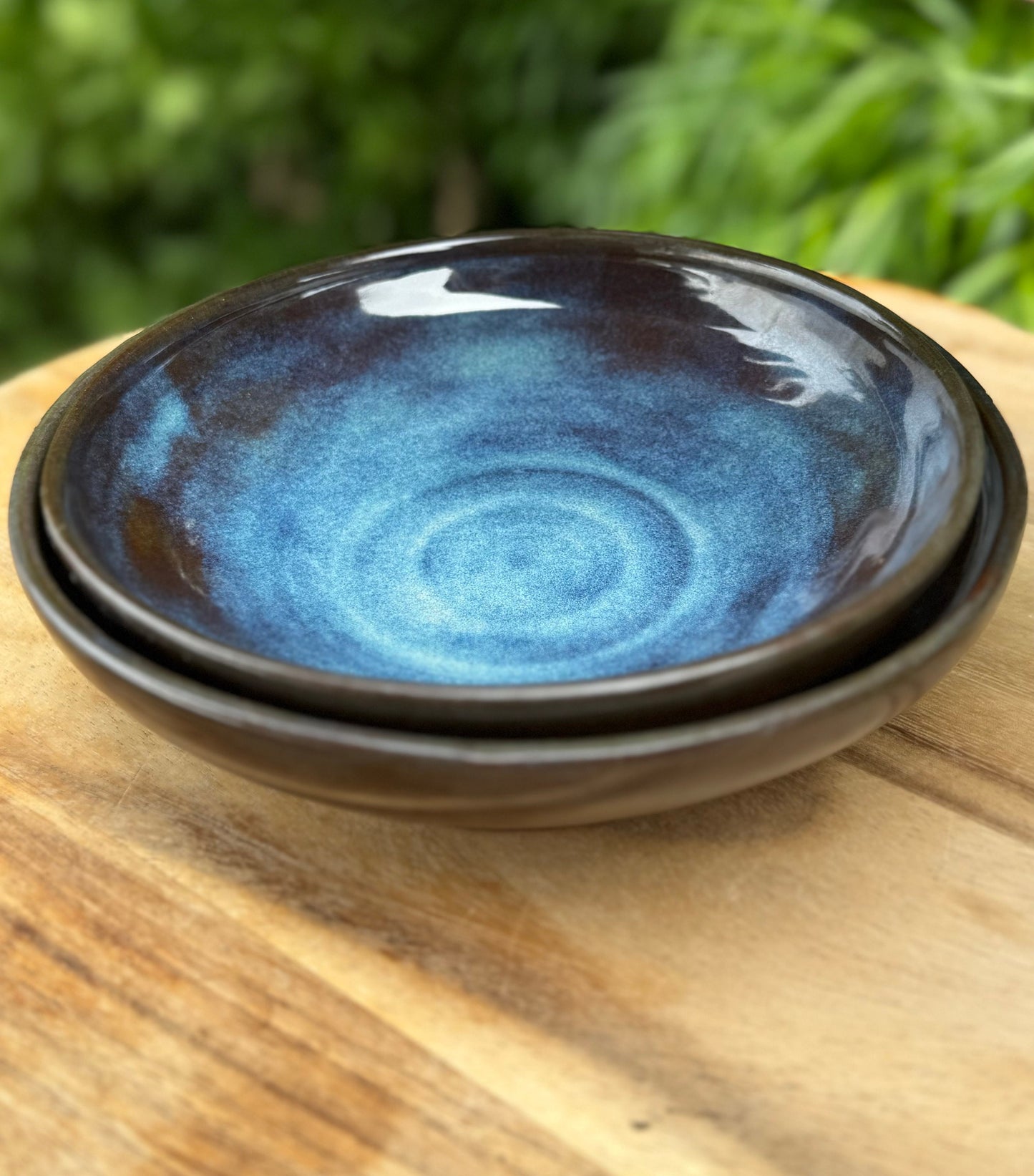 Low Bowls Pasta Dishes Set of 2, Nesting Wide Plates, Deep Sea Blue on Terra Red Clay
