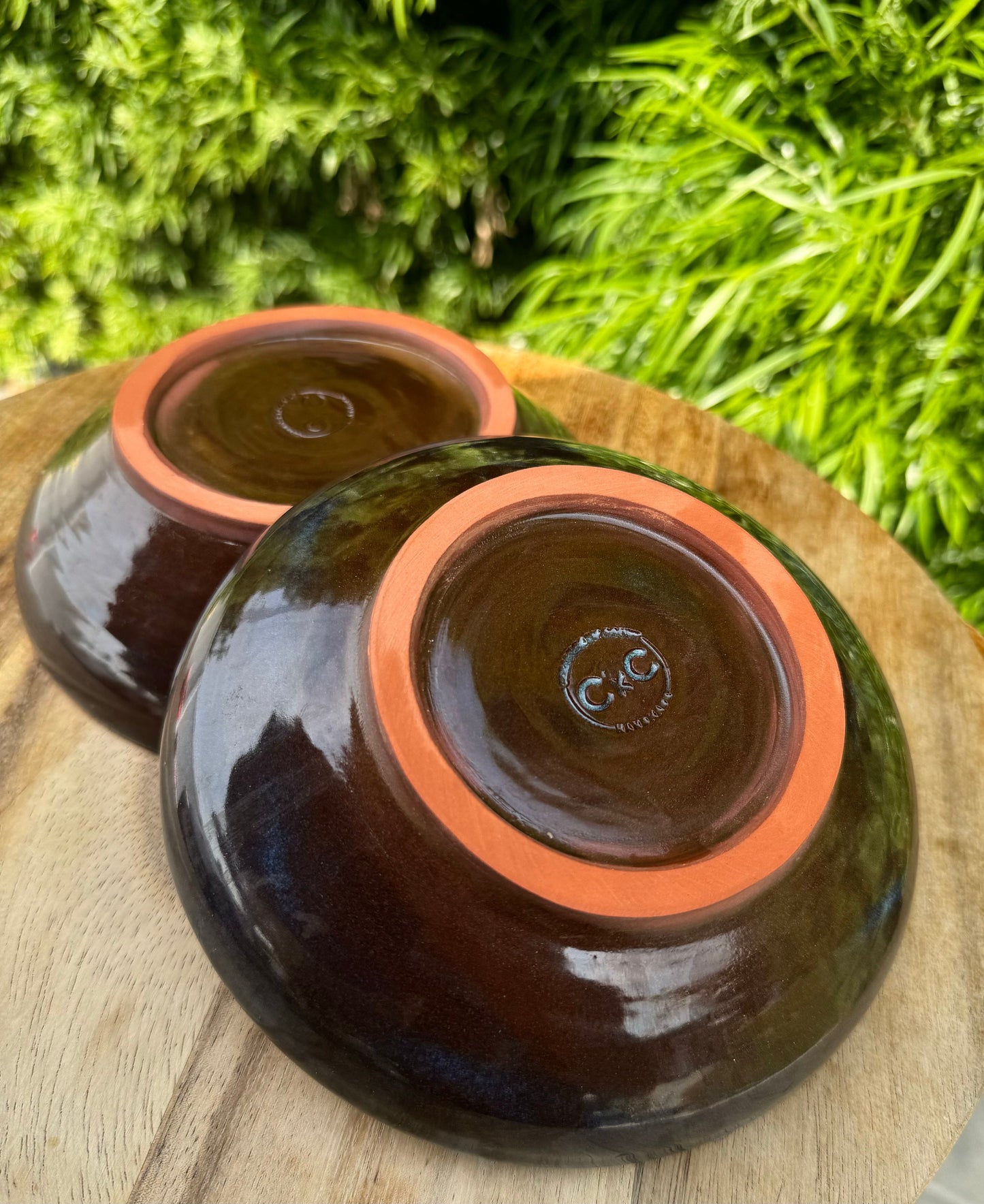 Low Bowls Pasta Dishes Set of 2, Nesting Wide Plates, Deep Sea Blue on Terra Red Clay
