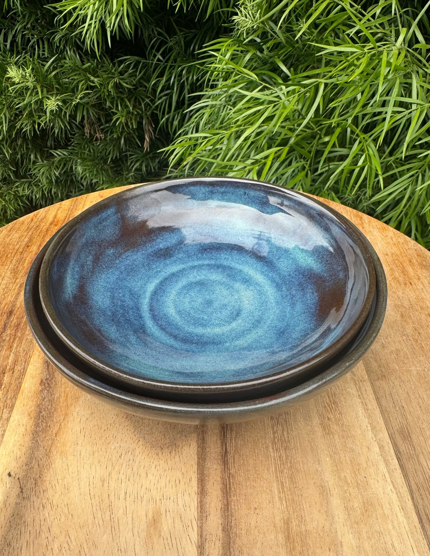 Low Bowls Pasta Dishes Set of 2, Nesting Wide Plates, Deep Sea Blue on Terra Red Clay