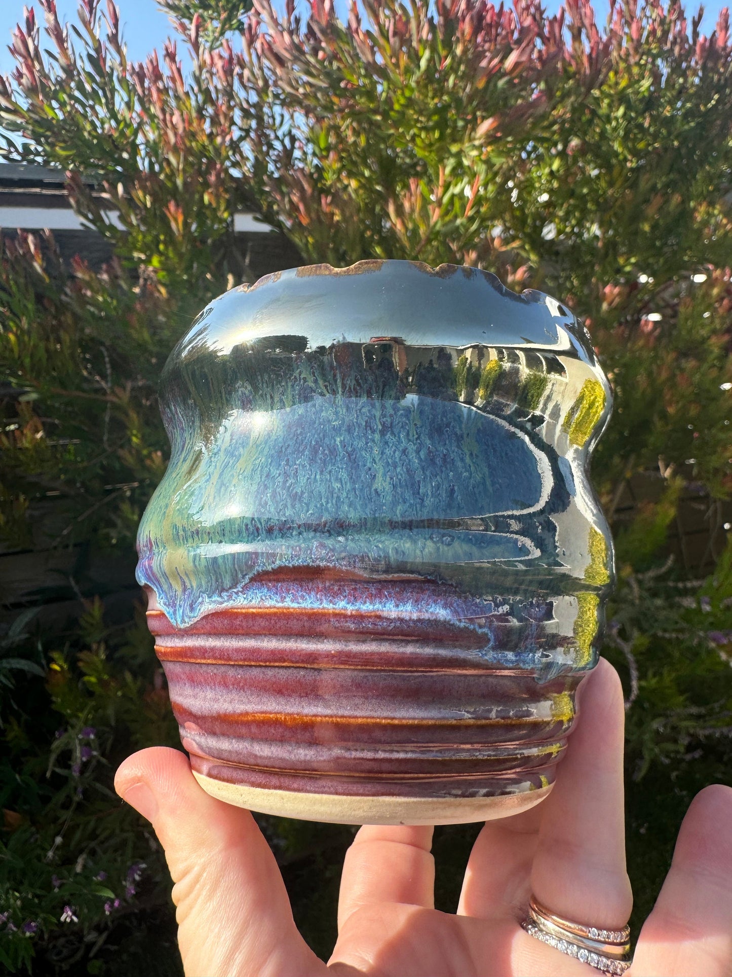 Vase Planter Pot with Drainage Hole & Coaster, Mirrored Plum Cascade, Purple Blue Glazed Ceramics — Handmade Wheel-thrown Stoneware Pottery