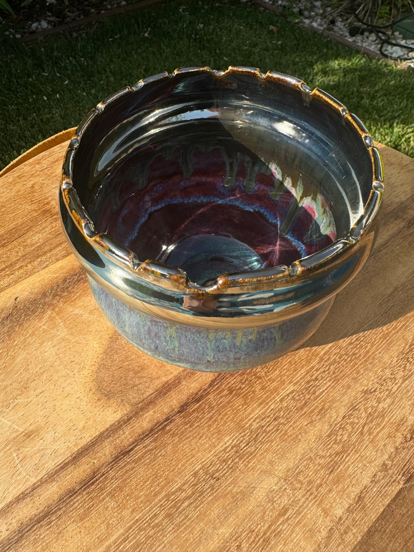 Vase Planter Pot with Drainage Hole & Coaster, Mirrored Plum Cascade, Purple Blue Glazed Ceramics — Handmade Wheel-thrown Stoneware Pottery