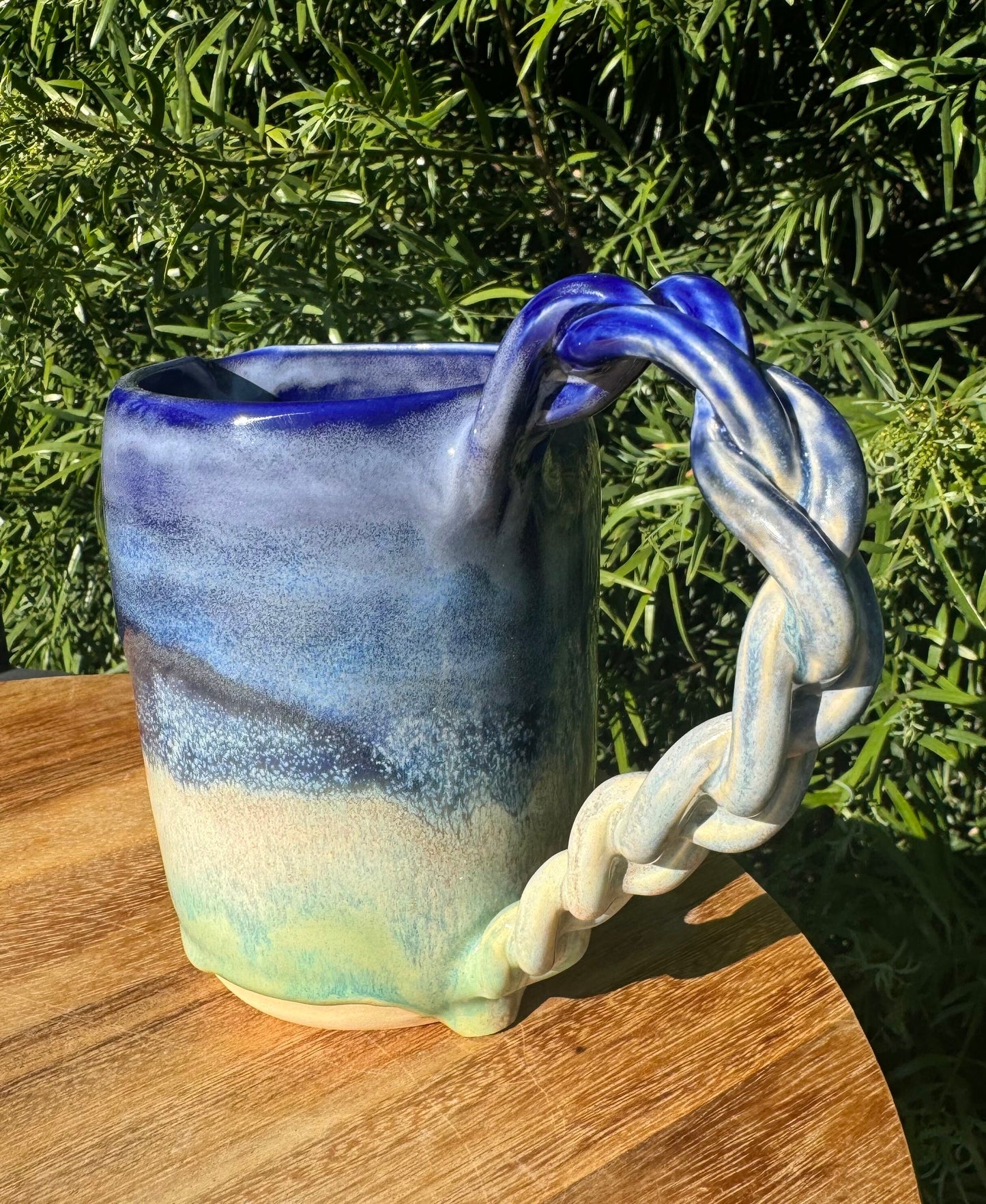 Handmade Ocean Ombré Stoneware Pitcher: Coastal Vase with 22K Gold