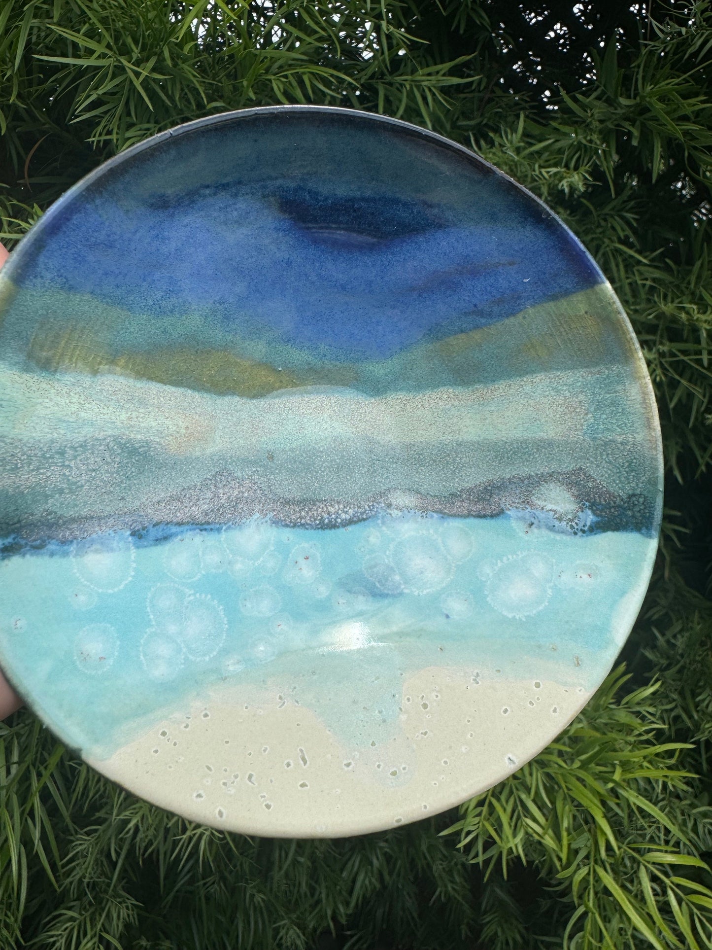 Hand-painted Beach Wide Nesting Bowl Set of 2, White Sand Wave, Beach-themed ombré glazes
