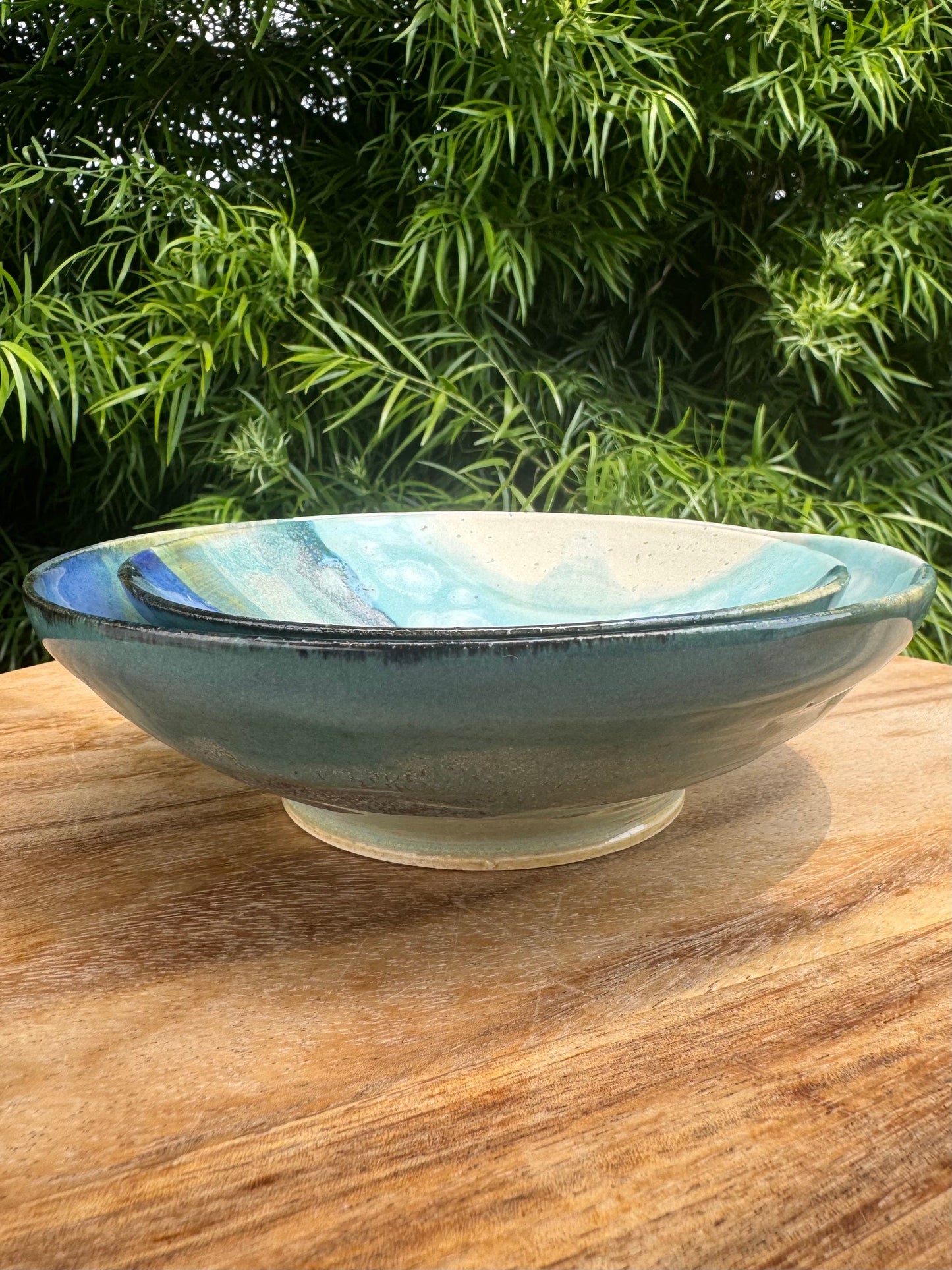 Hand-painted Beach Wide Nesting Bowl Set of 2, White Sand Wave, Beach-themed ombré glazes