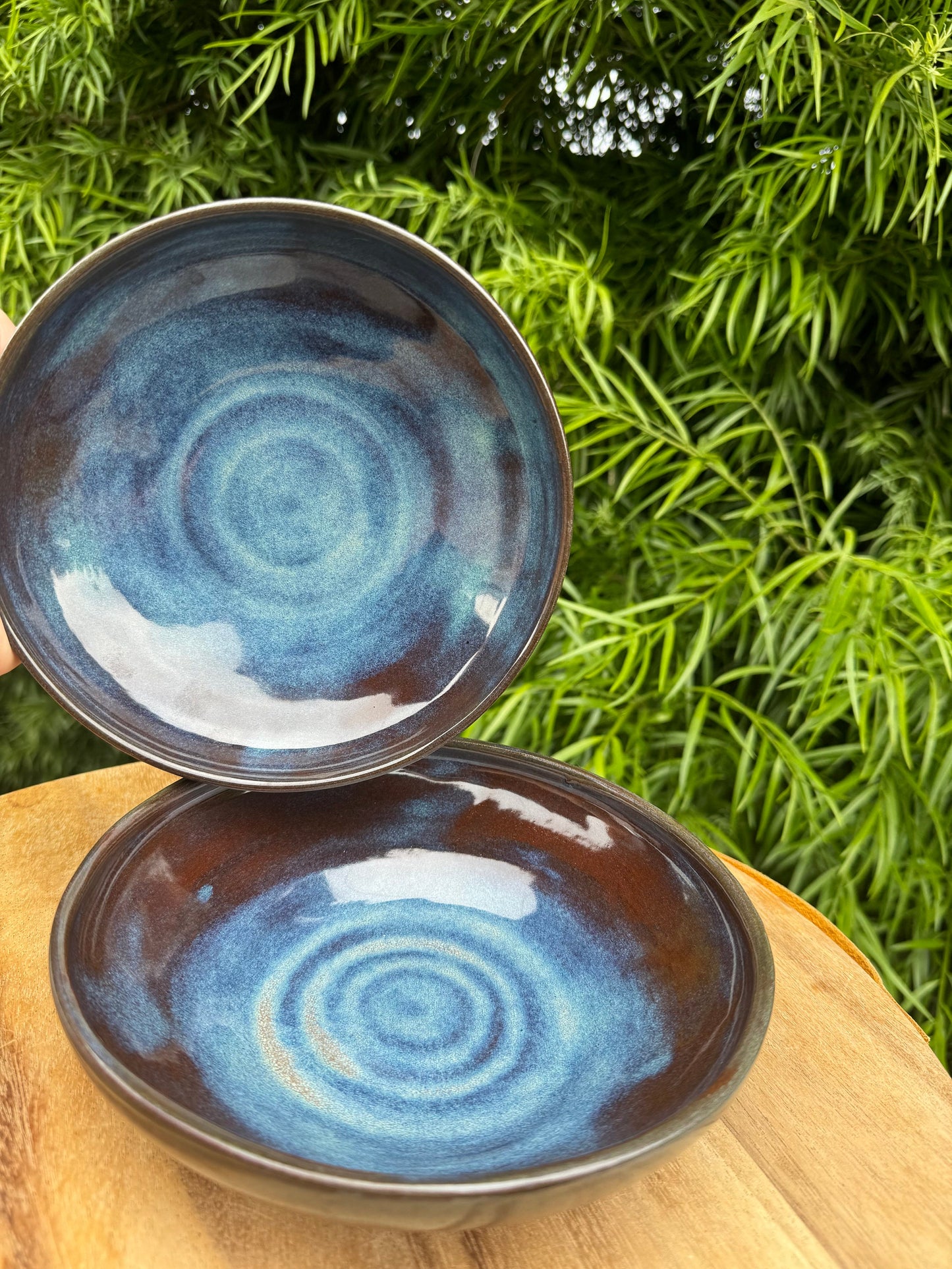 Low Bowls Pasta Dishes Set of 2, Nesting Wide Plates, Deep Sea Blue on Terra Red Clay