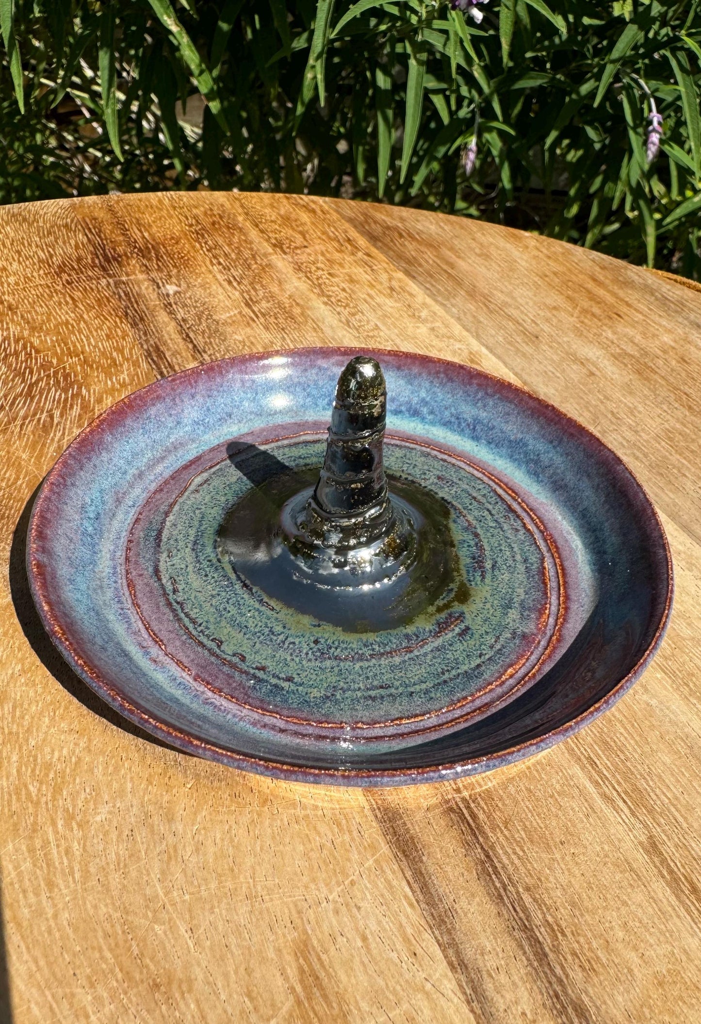 Ceramic Ring Dish, for Jewelry, Purple Blue Metallic Silver Glaze, Display on Bedside Table — Handmade Wheel-thrown Glazed Stoneware Pottery