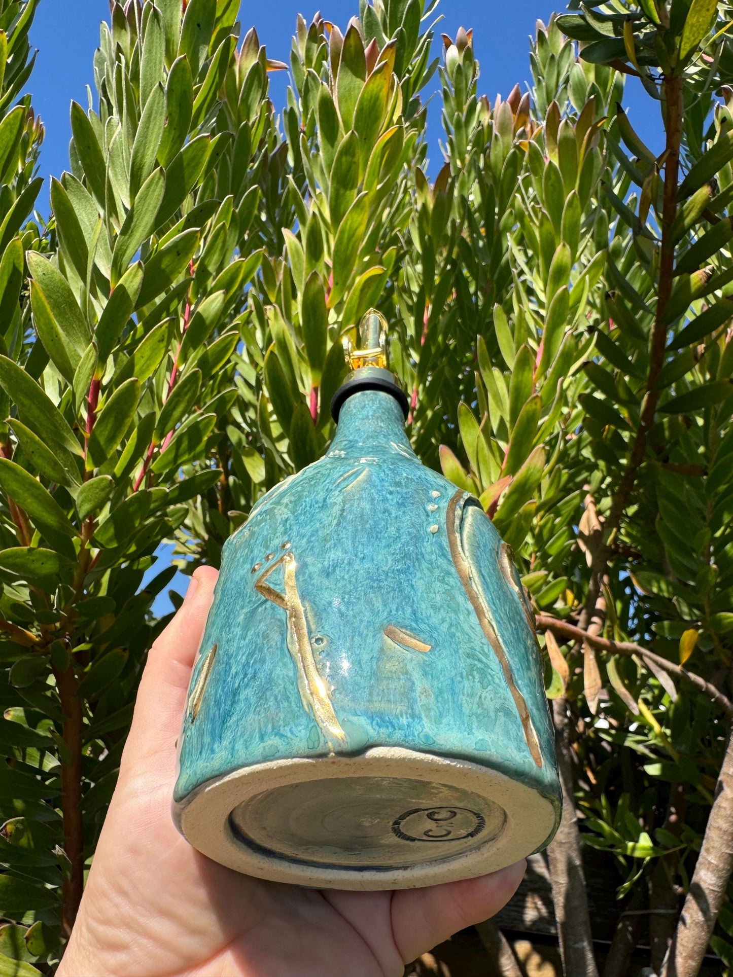 Olive Oil Vinegar Bottle Cruet, Hand-Carved Swirl “Tefiti” Design