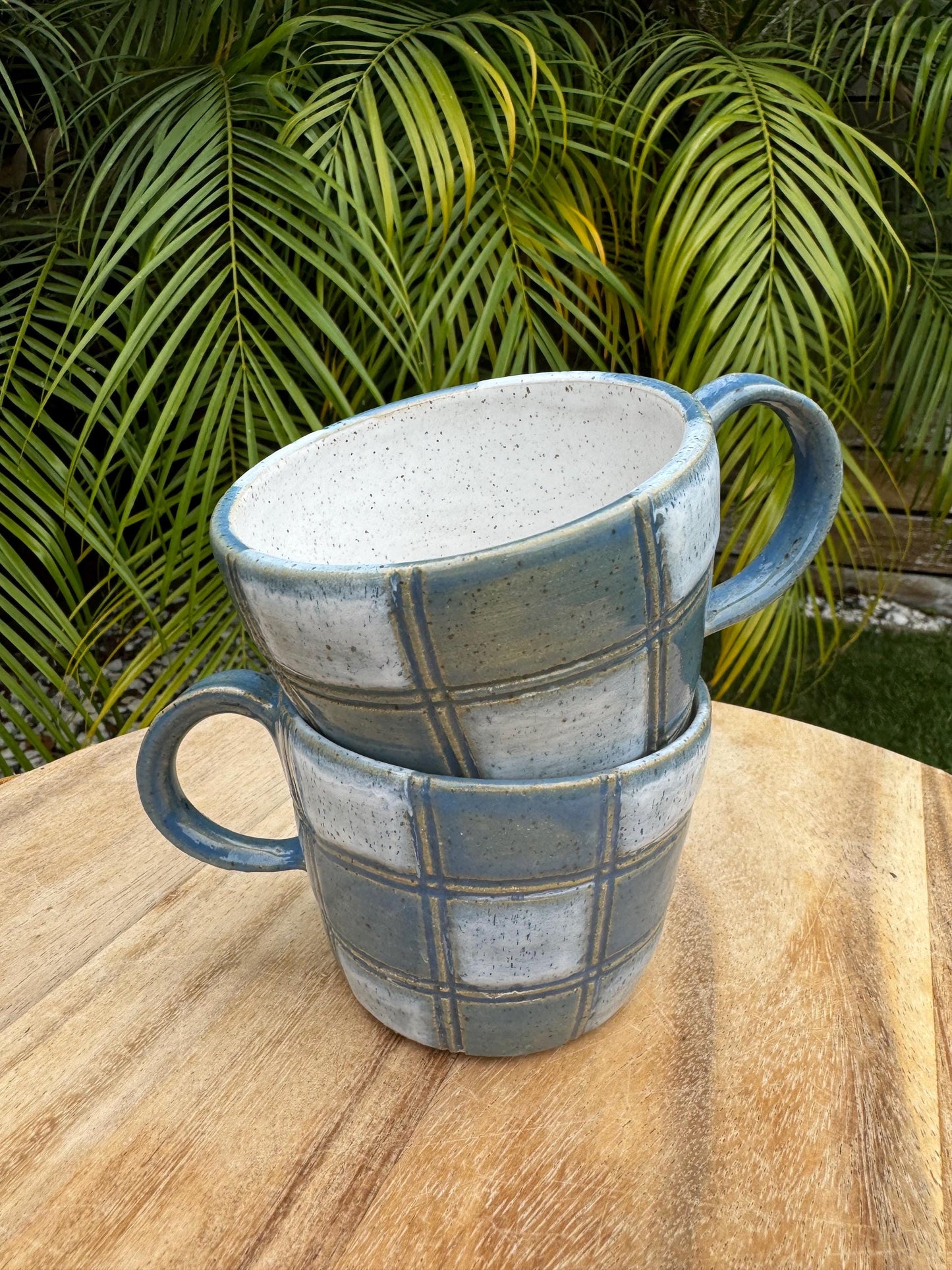Checkered Carved Mugs, Cay Blue & White Speckle, Comfortable Handles, 12 oz Cup, Handpainted Wax Resist