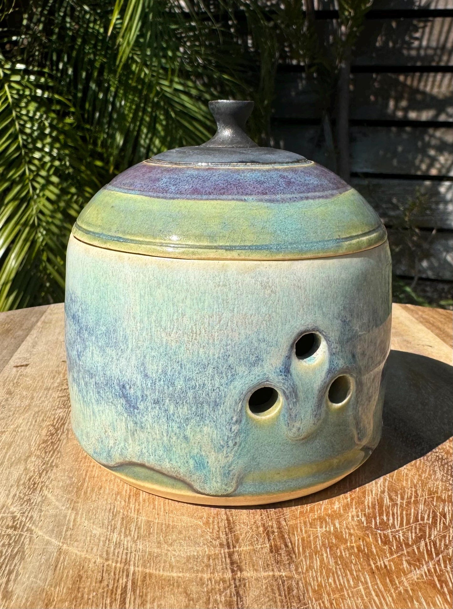 Garlic Keeper Jar with Lid and Holes for Freshness, Shallots Onions Storage — Handmade Wheel-thrown Pottery, Glazed Stoneware Ceramics