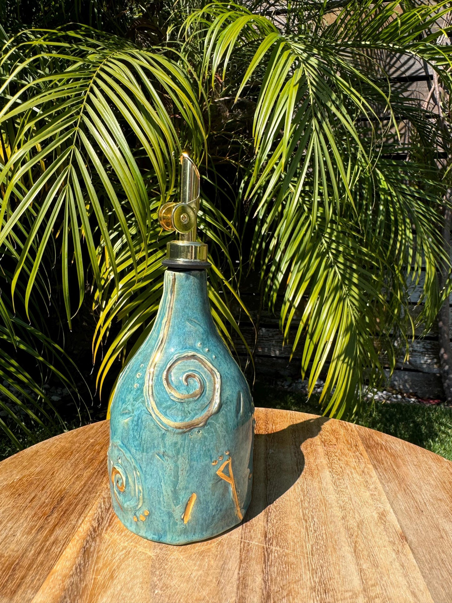 Olive Oil Vinegar Bottle Cruet, Hand-Carved Swirl “Tefiti” Design
