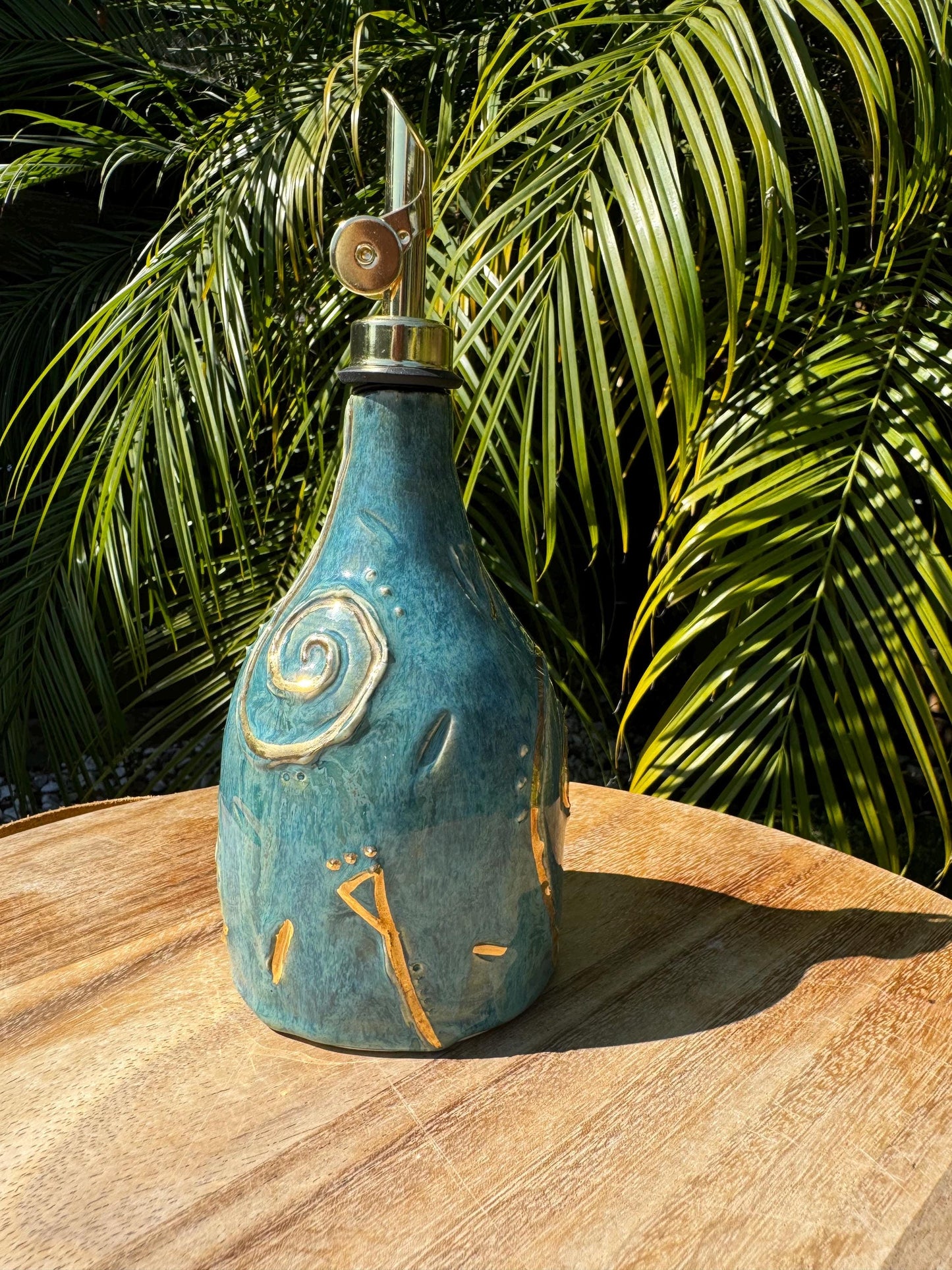 Olive Oil Vinegar Bottle Cruet, Hand-Carved Swirl “Tefiti” Design