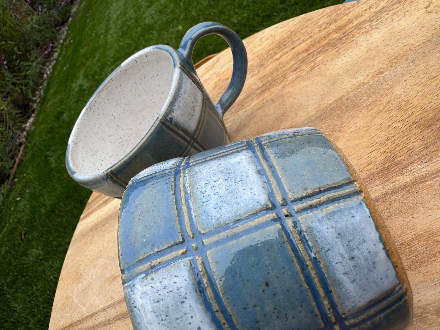 Checkered Carved Mugs, Cay Blue & White Speckle, Comfortable Handles, 12 oz Cup, Handpainted Wax Resist