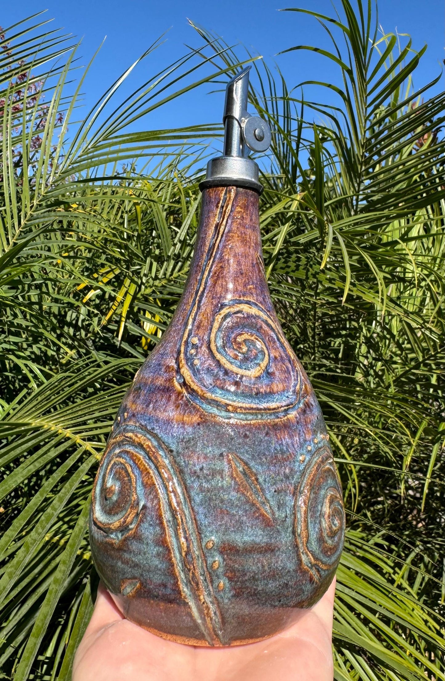 Olive Oil Vinegar Bottle Cruet, Hand-Carved Swirl “Tefiti” Design