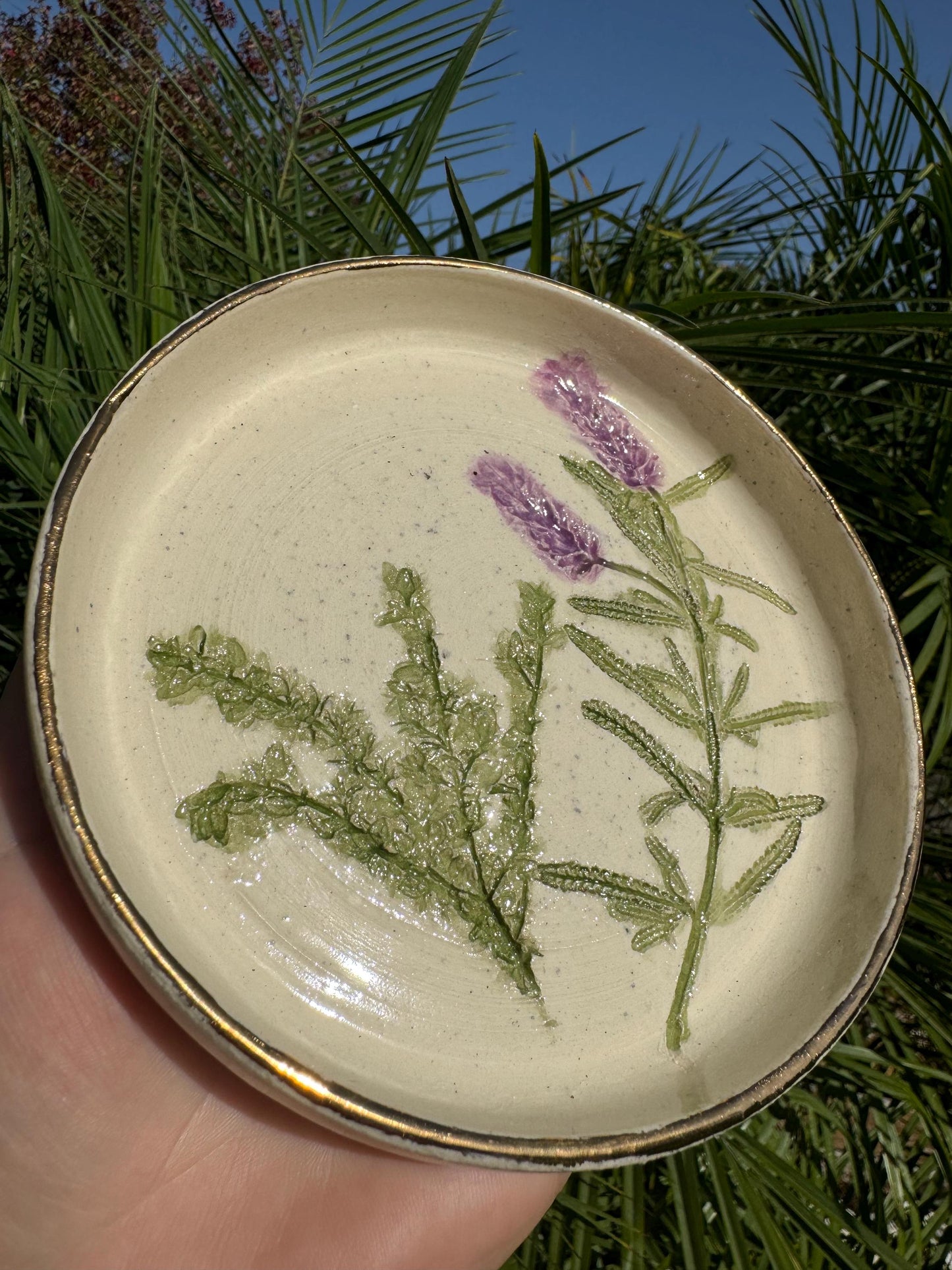 Pressed Plate, Food or Trinket, Hand-painted Plant Impression, Lavender Herbs, Matte Gold