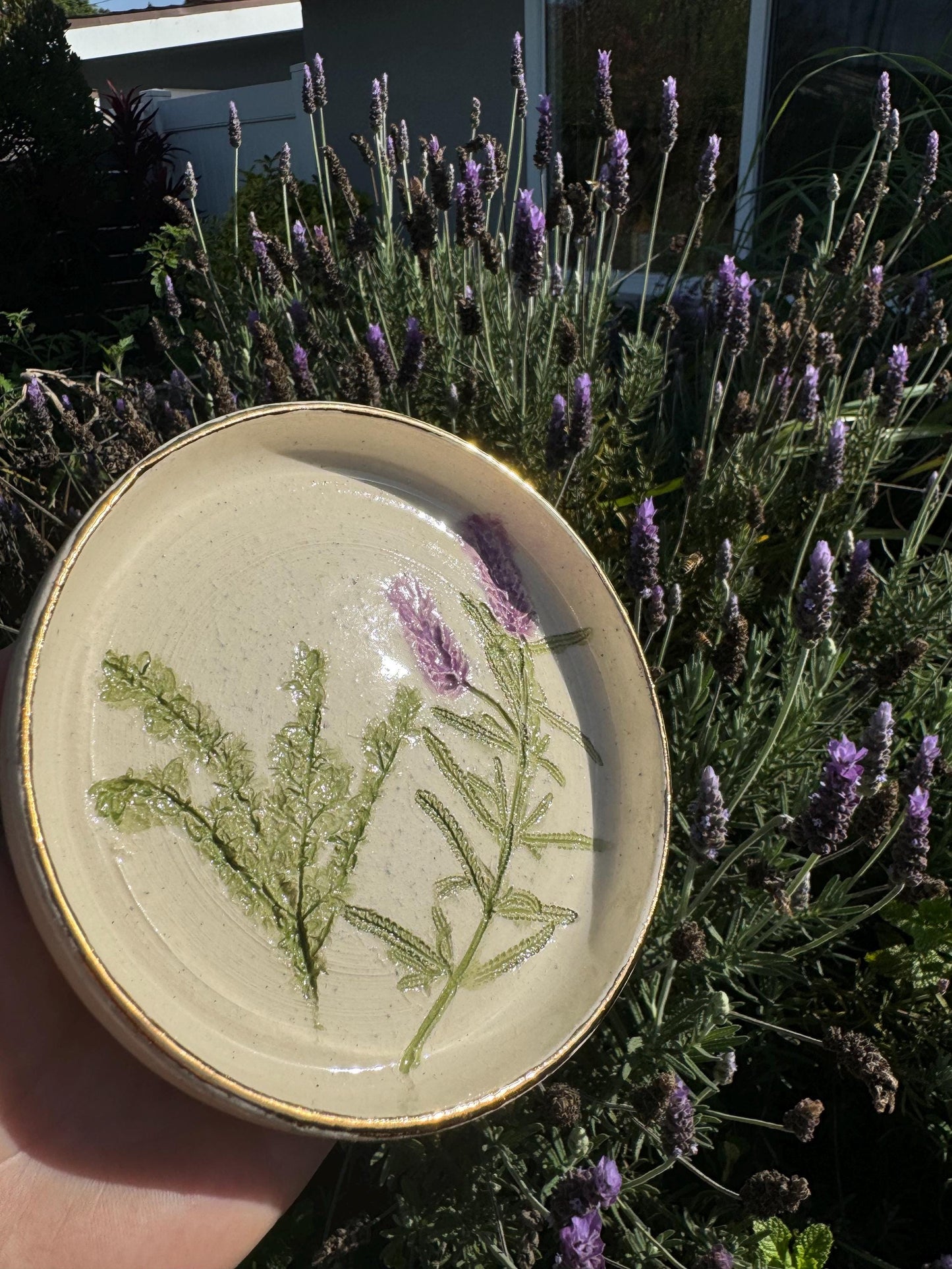 Pressed Plate, Food or Trinket, Hand-painted Plant Impression, Lavender Herbs, Matte Gold
