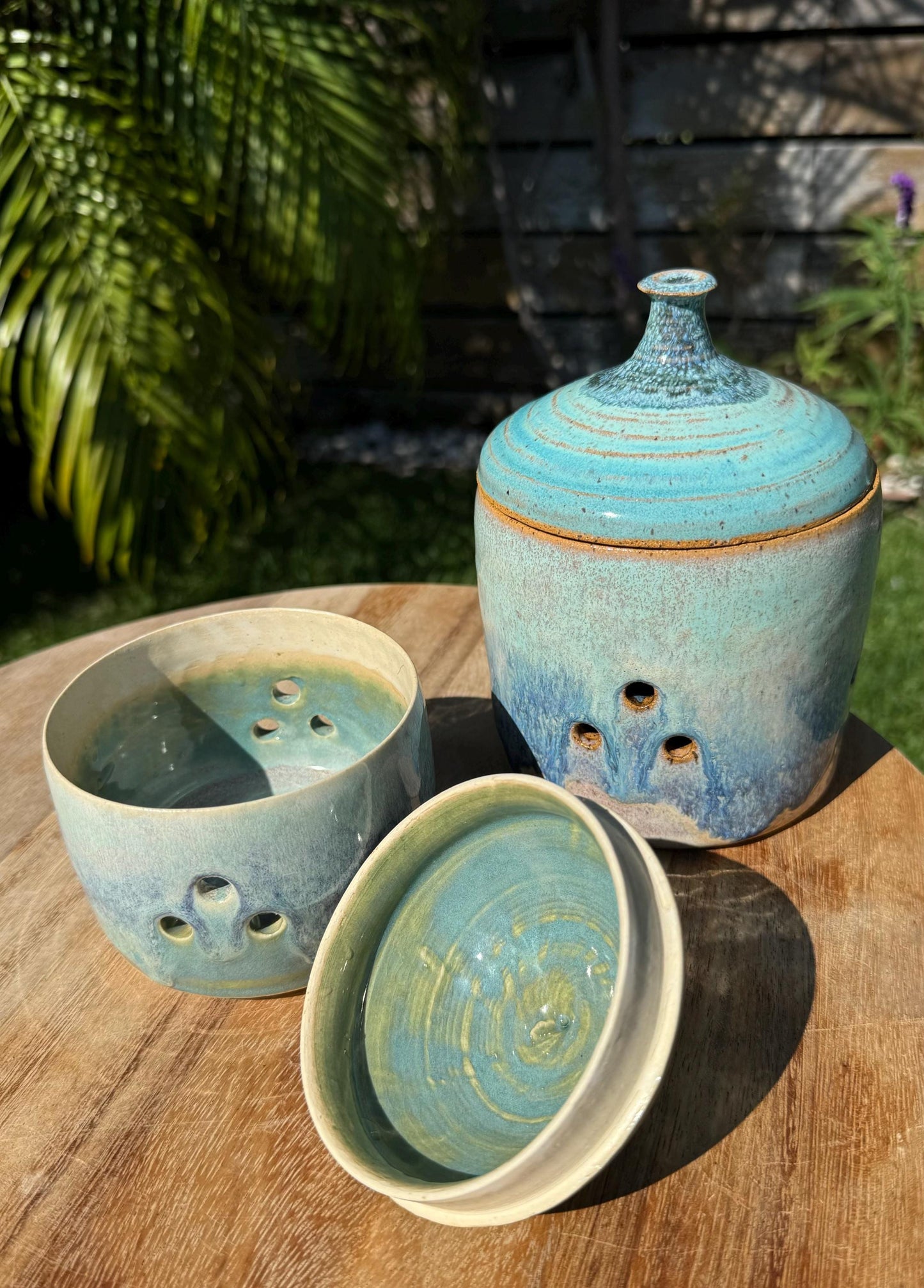 Garlic Keeper Jar with Lid and Holes for Freshness, Shallots Onions Storage — Handmade Wheel-thrown Pottery, Glazed Stoneware Ceramics