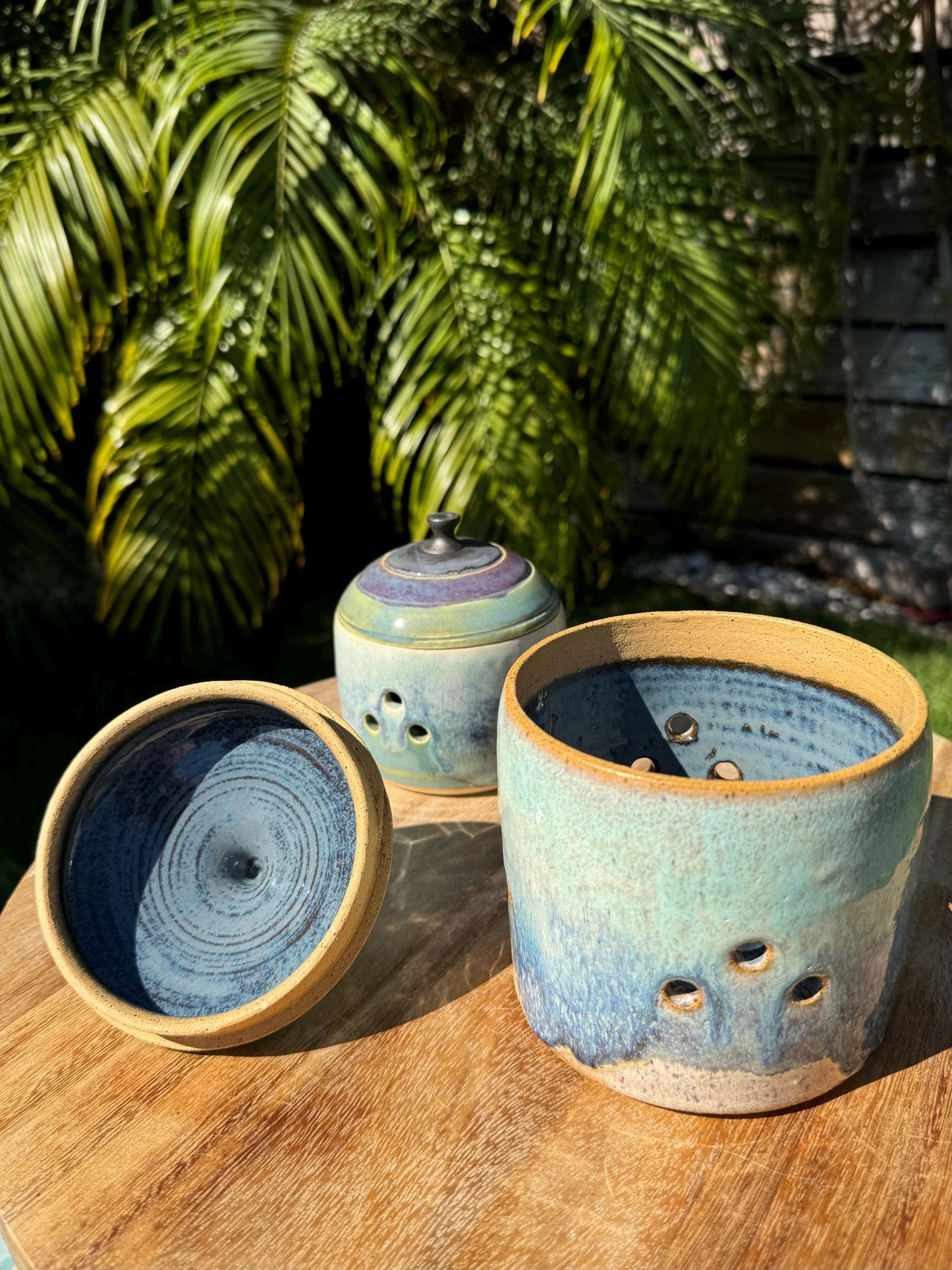 Garlic Keeper Jar with Lid and Holes for Freshness, Shallots Onions Storage — Handmade Wheel-thrown Pottery, Glazed Stoneware Ceramics