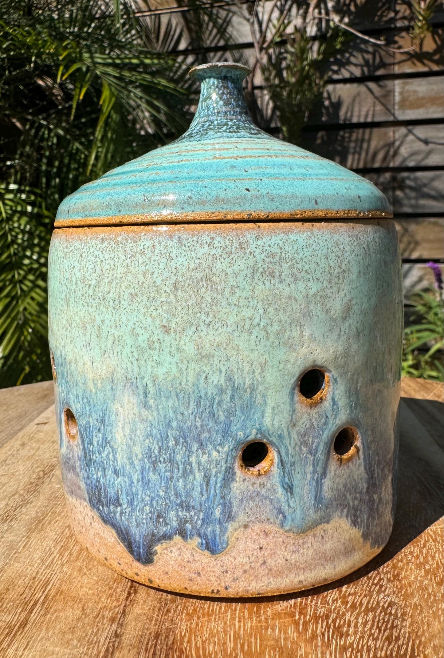 Garlic Keeper Jar with Lid and Holes for Freshness, Shallots Onions Storage — Handmade Wheel-thrown Pottery, Glazed Stoneware Ceramics