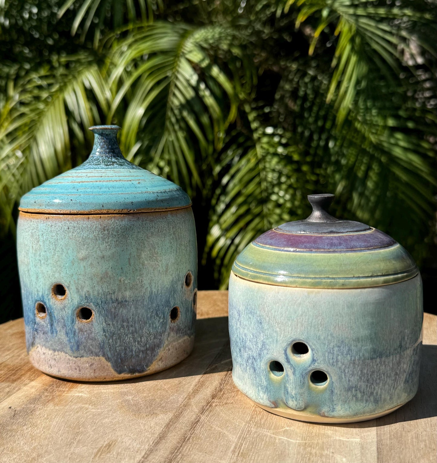 Garlic Keeper Jar with Lid and Holes for Freshness, Shallots Onions Storage — Handmade Wheel-thrown Pottery, Glazed Stoneware Ceramics