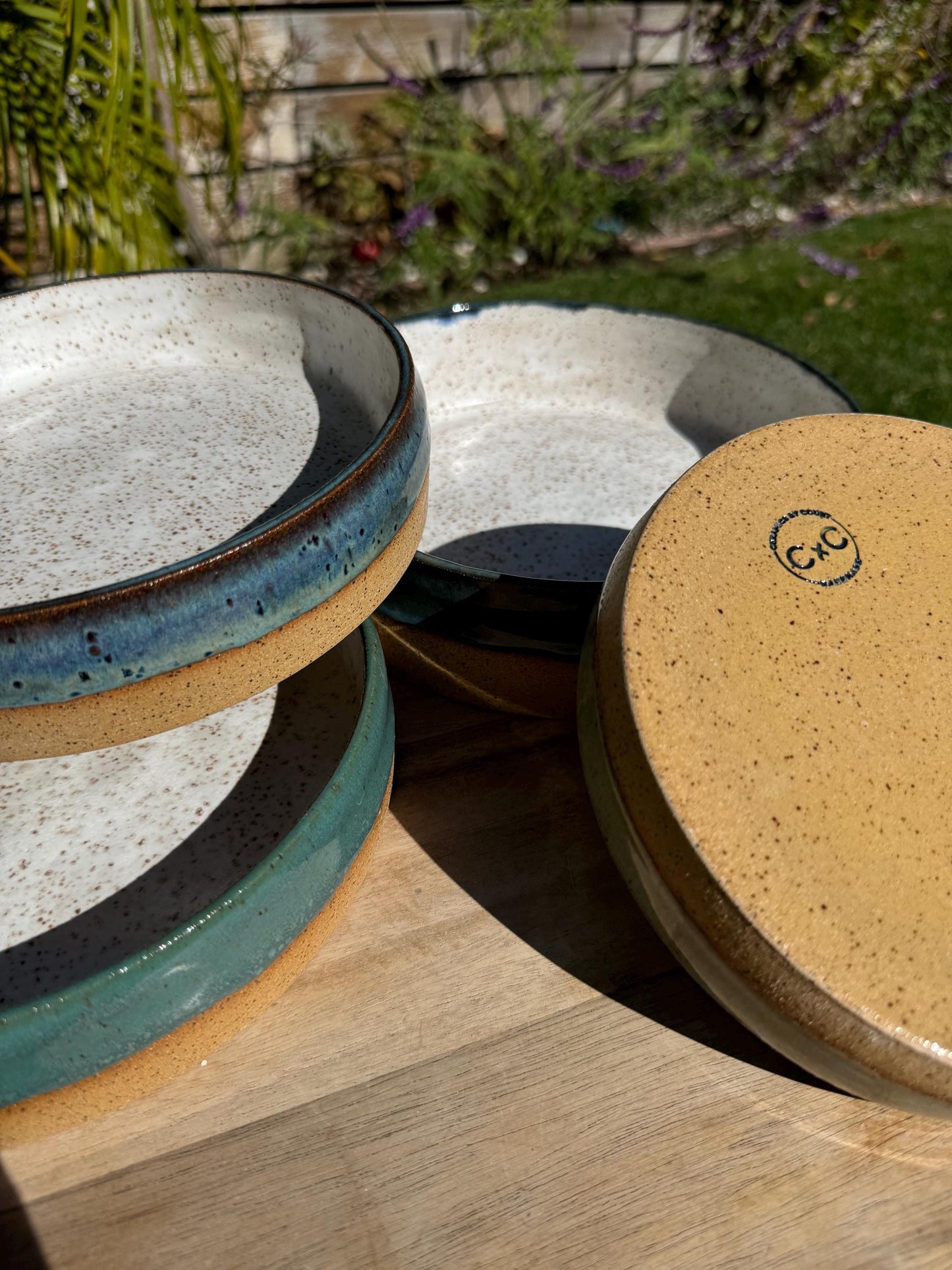 Handmade wheel-thrown stoneware pet bowls with raw edge of clay and handpainted glazes, handmade ceramic dog dishes, dishwasher safe - Ceramics By Court