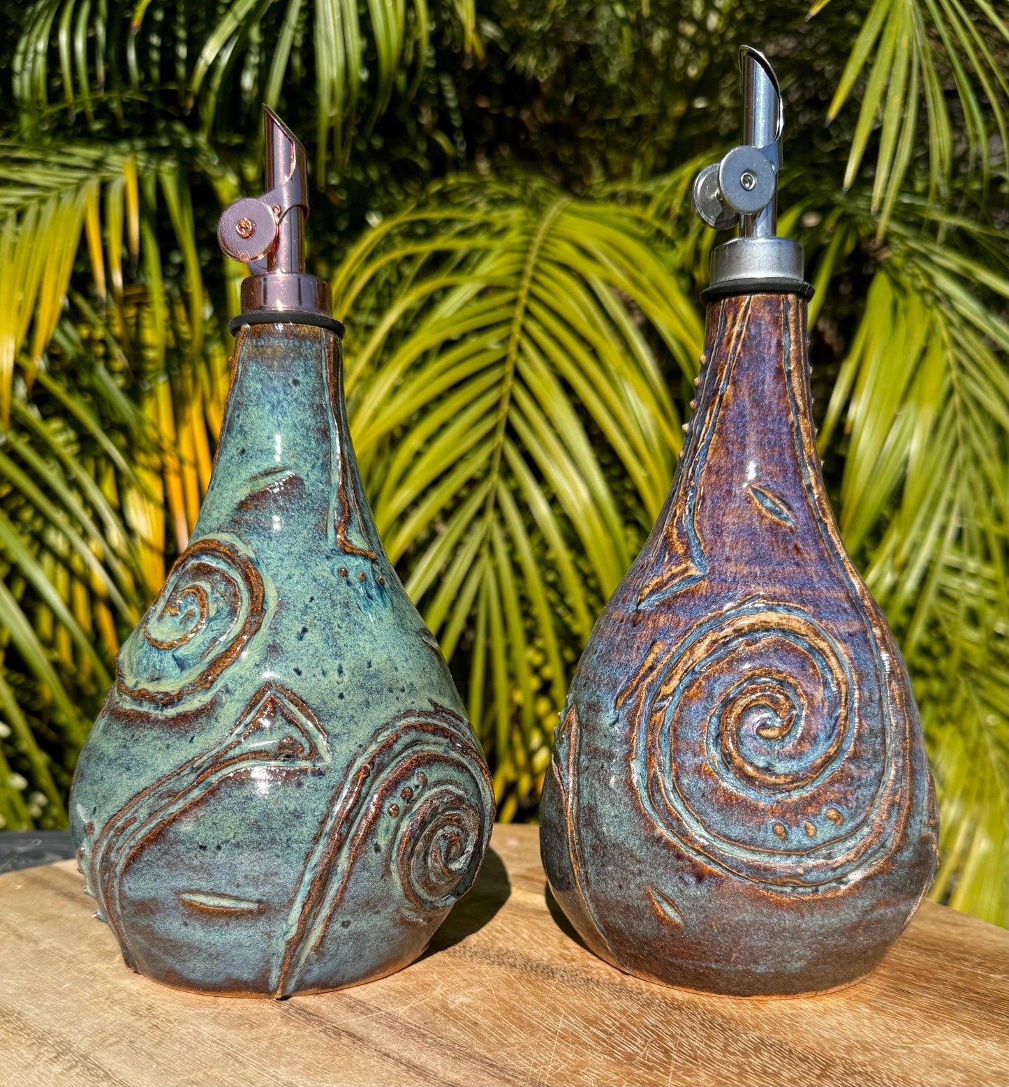 Olive Oil Vinegar Bottle Cruet, Hand-Carved Swirl “Tefiti” Design