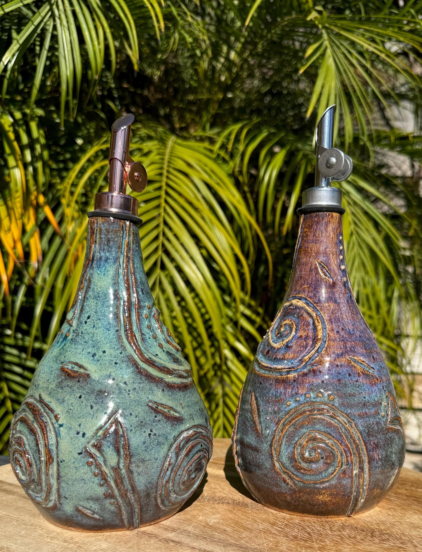 Olive Oil Vinegar Bottle Cruet, Hand-Carved Swirl “Tefiti” Design