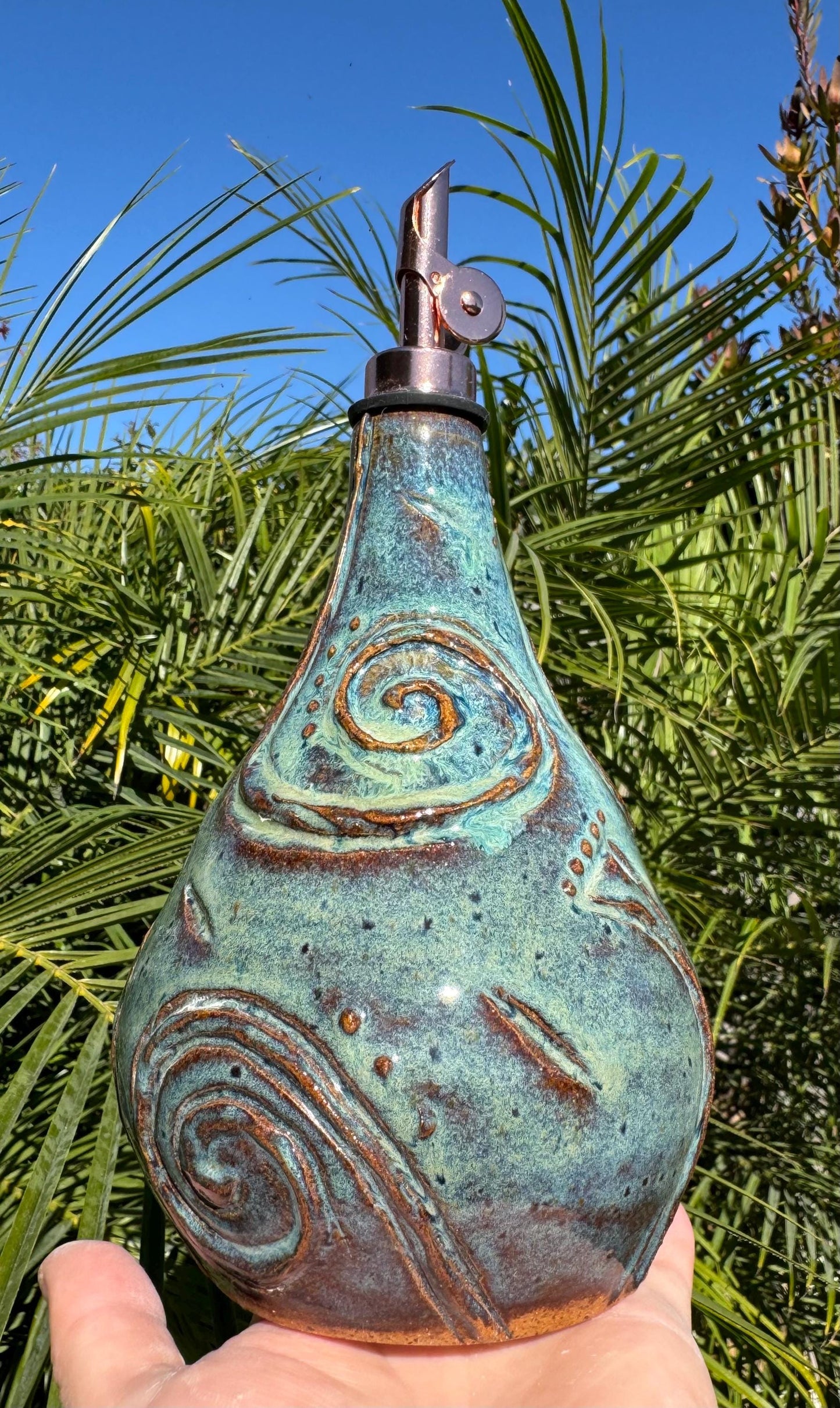 Olive Oil Vinegar Bottle Cruet, Hand-Carved Swirl “Tefiti” Design