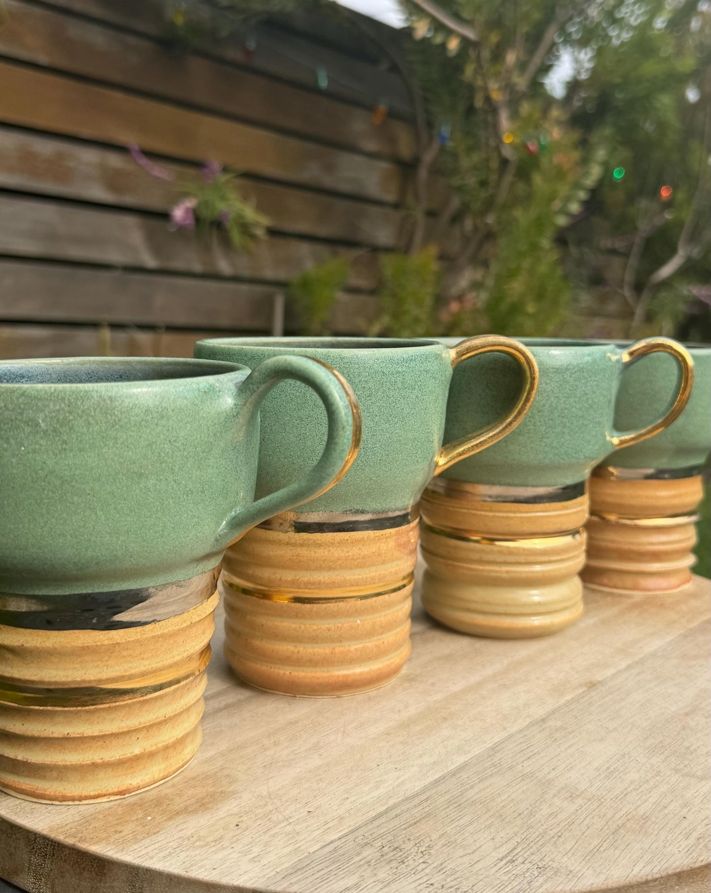 Handmade 22K Gold Stacking Ceramic Mugs with Handles, Perfect for Coffee on the Go and Fits Standard Cup Holders
