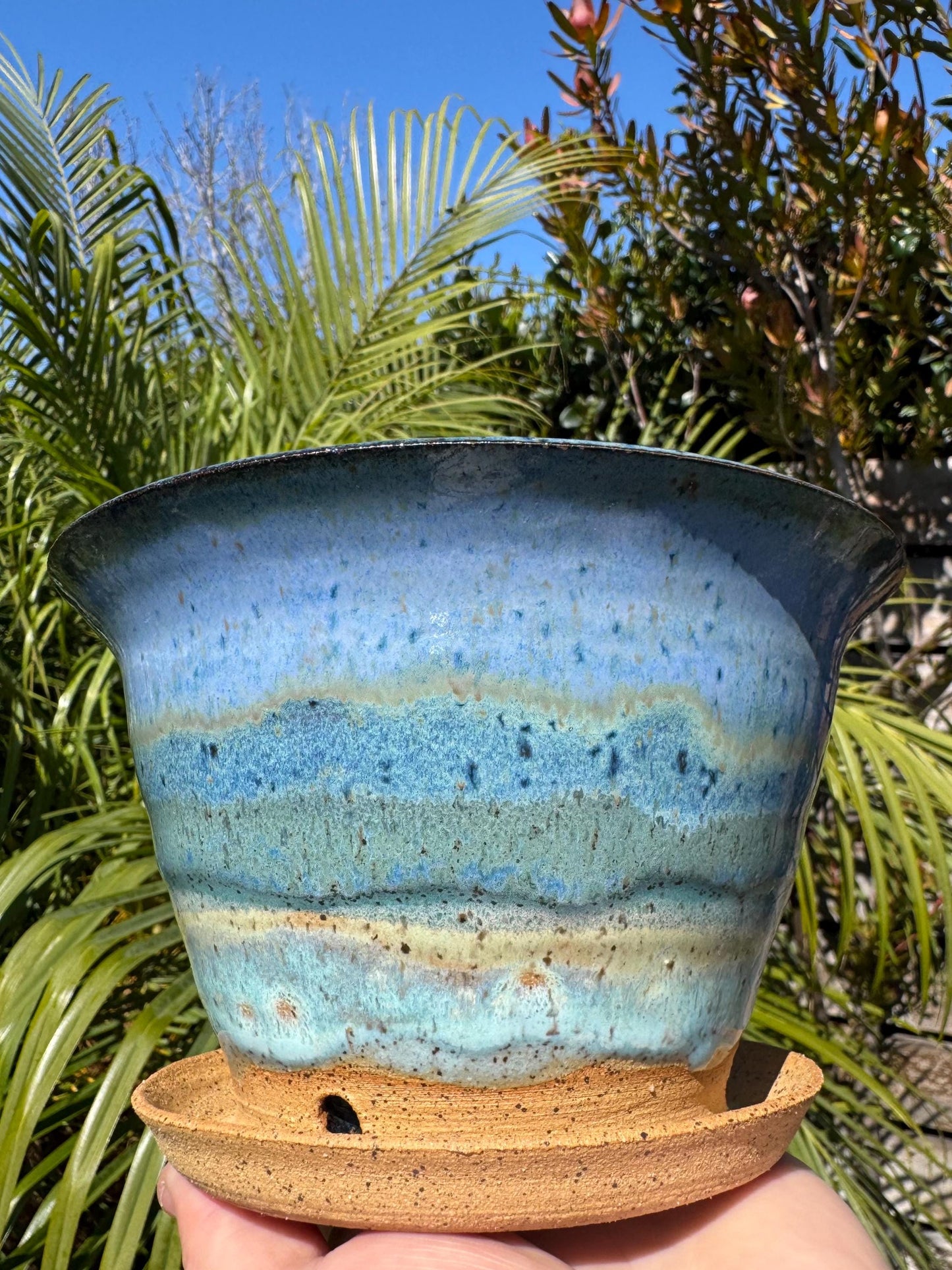 Planter Pots with Built-in Saucers & Drainage Holes, Ocean inspired Glazed Ceramics