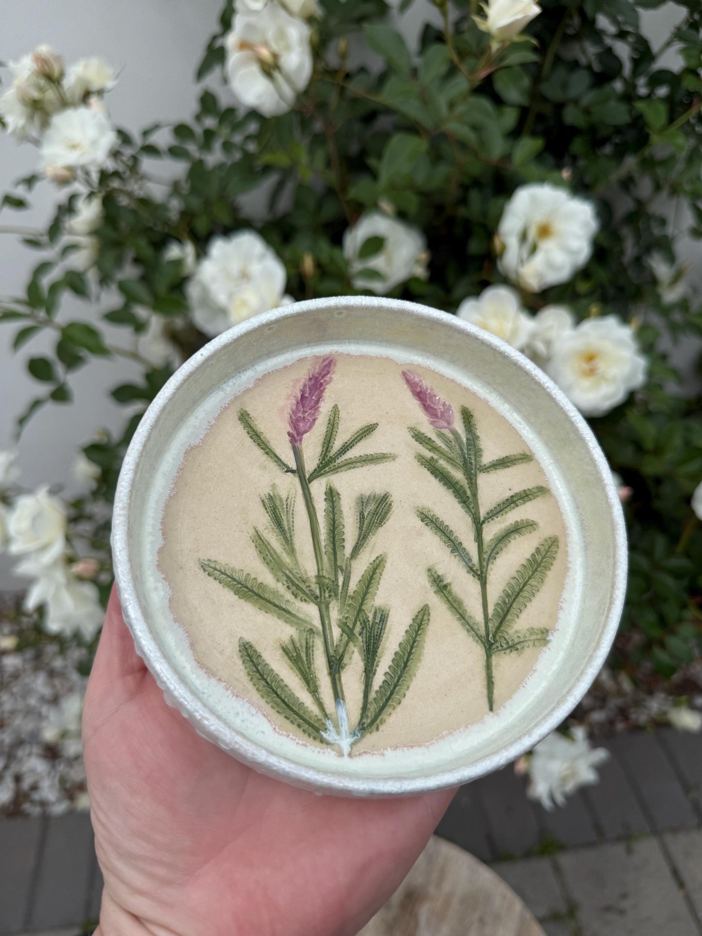 Pressed Plate, Food or Trinket, Hand-painted Plant Impression, Lavender Herbs, Matte Gold