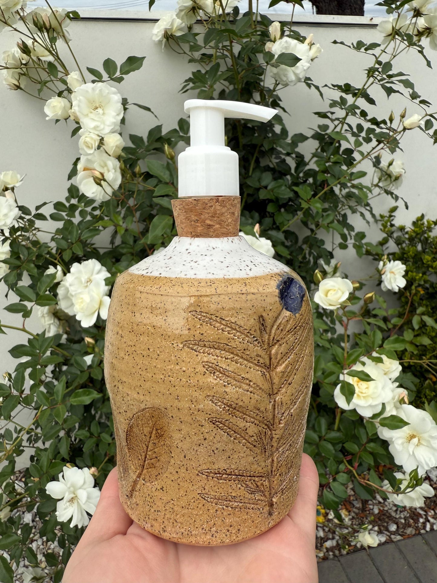 Liquid Soap or Lotion Dispensers with Cork Pump, Ceramic Hand-pressed Hand-painted, Floral Decor