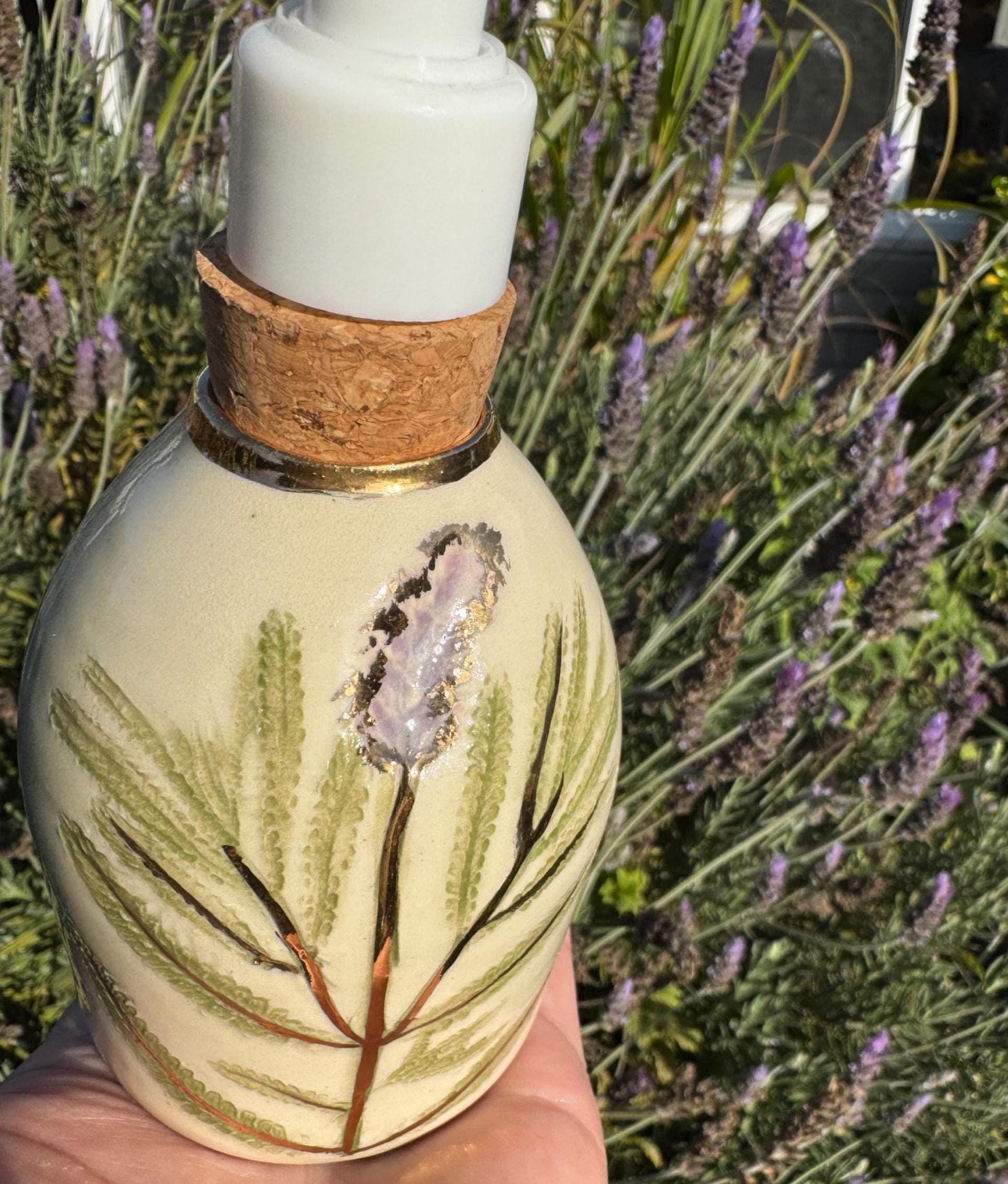Liquid Soap or Lotion Dispensers with Cork Pump, Ceramic Hand-pressed Hand-painted, Floral Decor