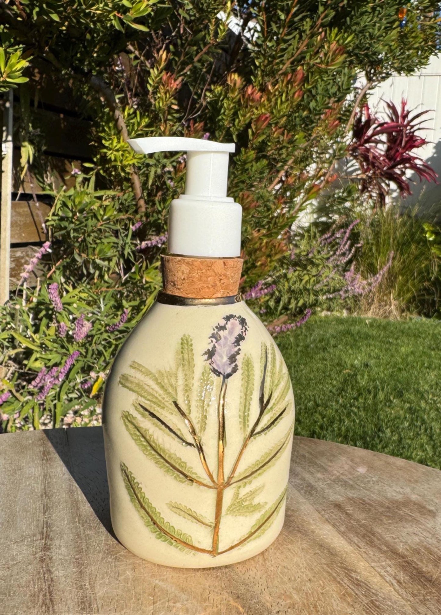 Liquid Soap or Lotion Dispensers with Cork Pump, Ceramic Hand-pressed Hand-painted, Floral Decor