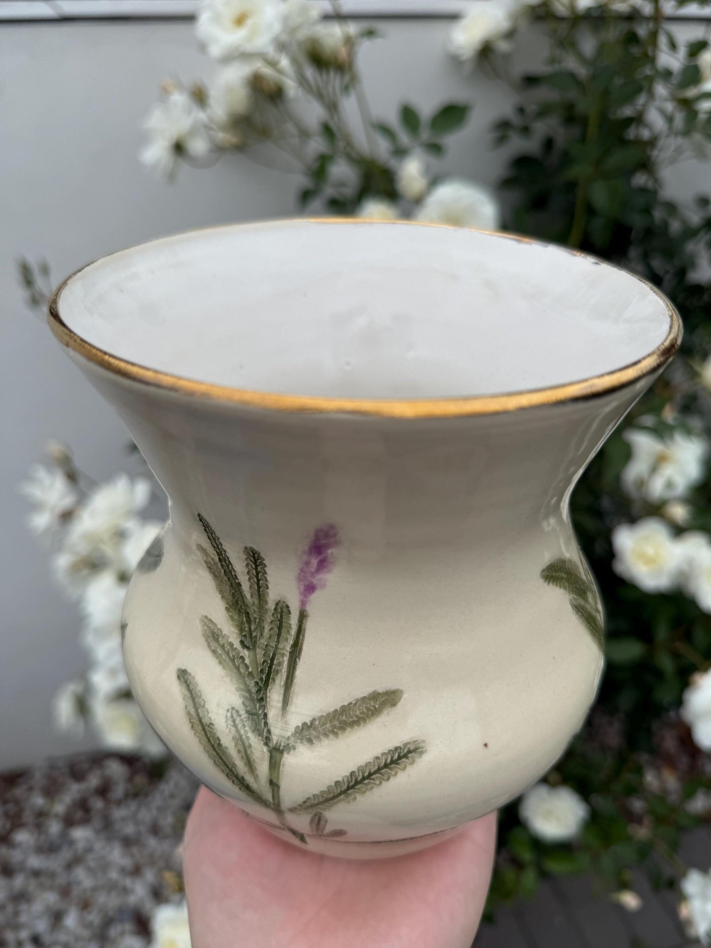 Floral Handmade Ceramic Vases, Pressed Lavender & Herbs, Hand-painted, 22K gold — Wheel-thrown Stoneware Pottery