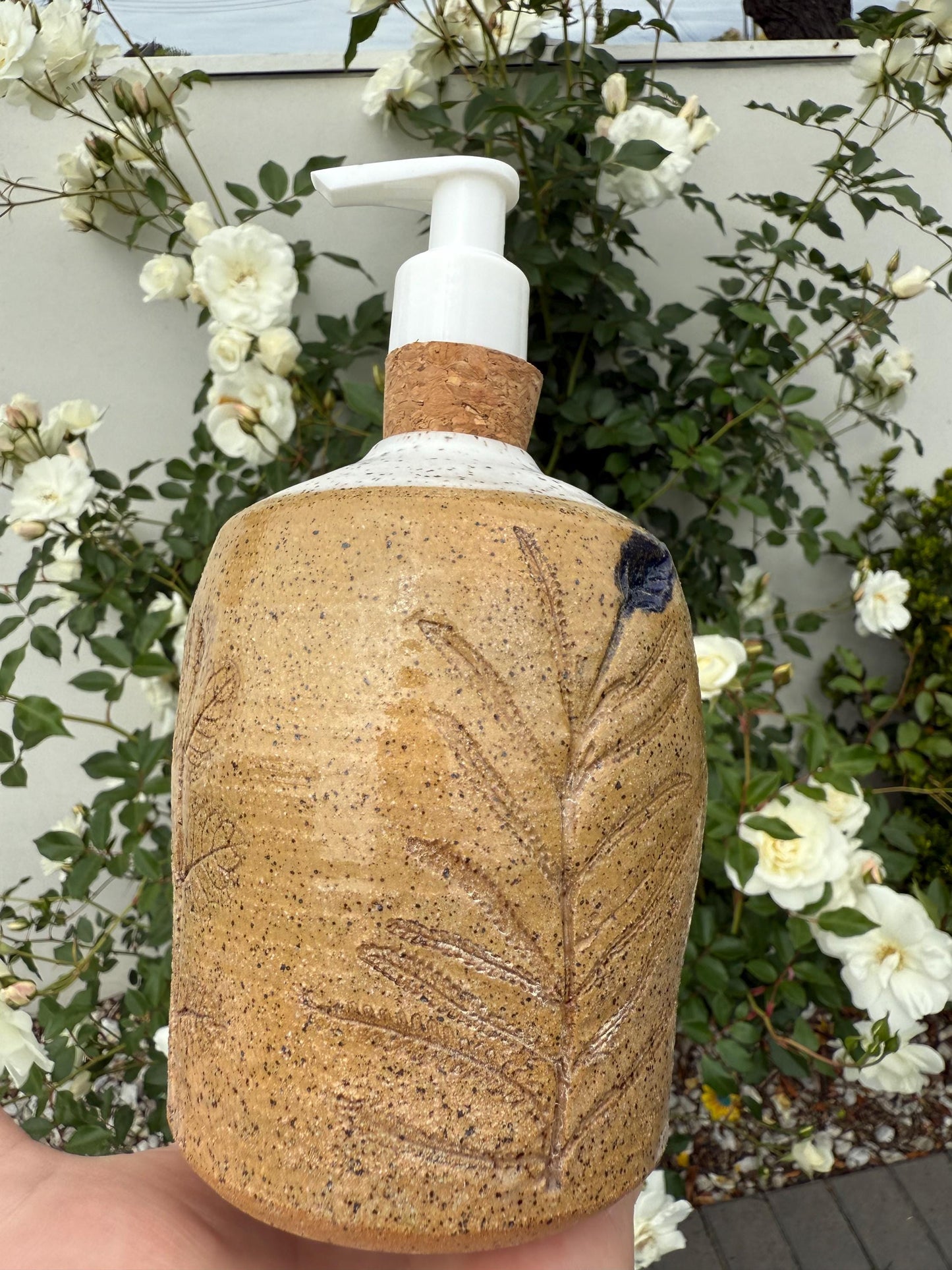 Liquid Soap or Lotion Dispensers with Cork Pump, Ceramic Hand-pressed Hand-painted, Floral Decor